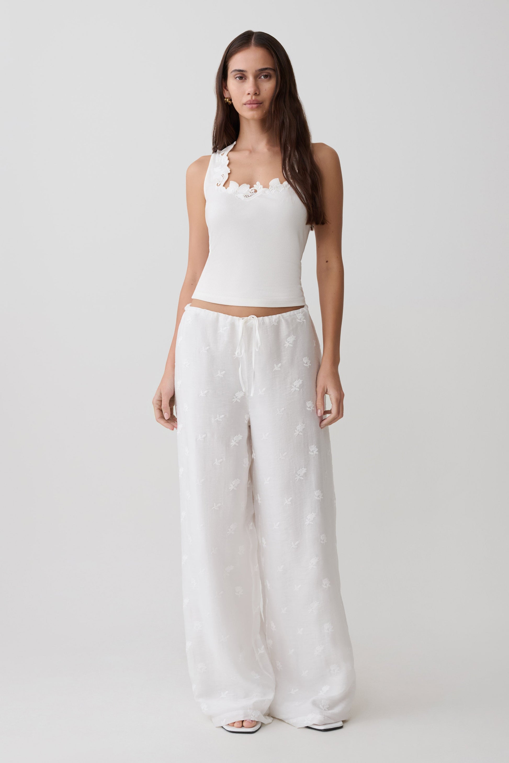 Vivian Tie Waist Embroidered Pant - White #6
