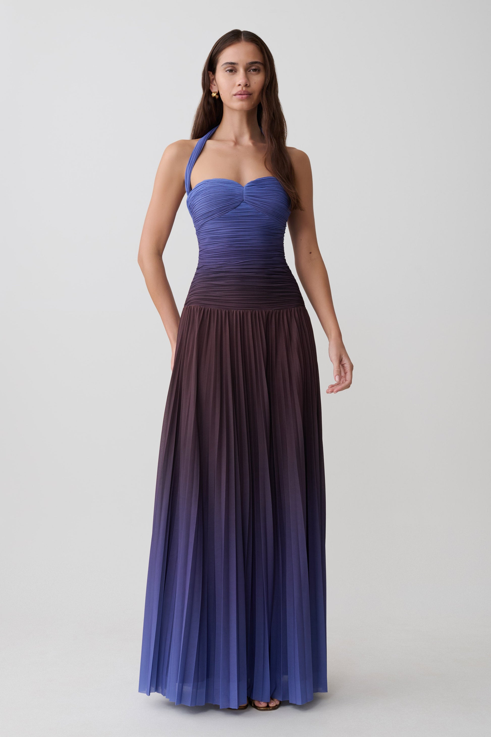 Azizi Pleated Halter Midi Dress - Chocolate & Blue Ombre Print
