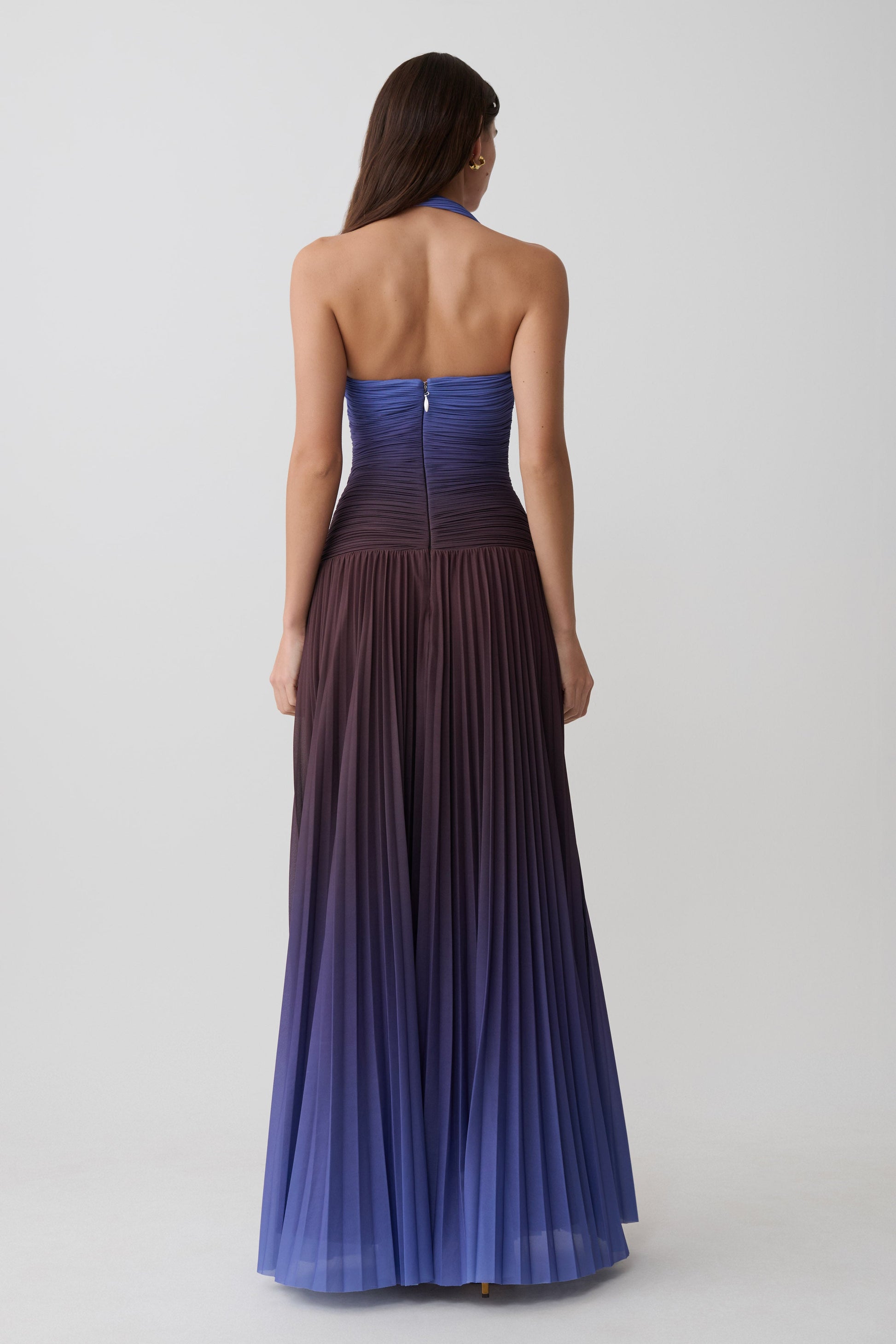 Azizi Pleated Halter Midi Dress - Chocolate & Blue Ombre Print #2