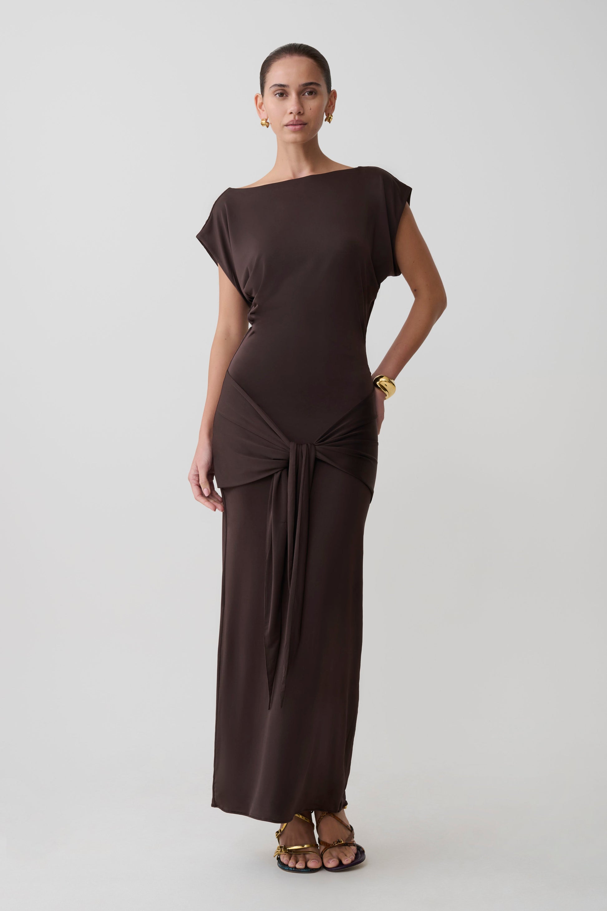 Maiara Shortsleeve Slinky Tie Maxi Dress - Chocolate #4