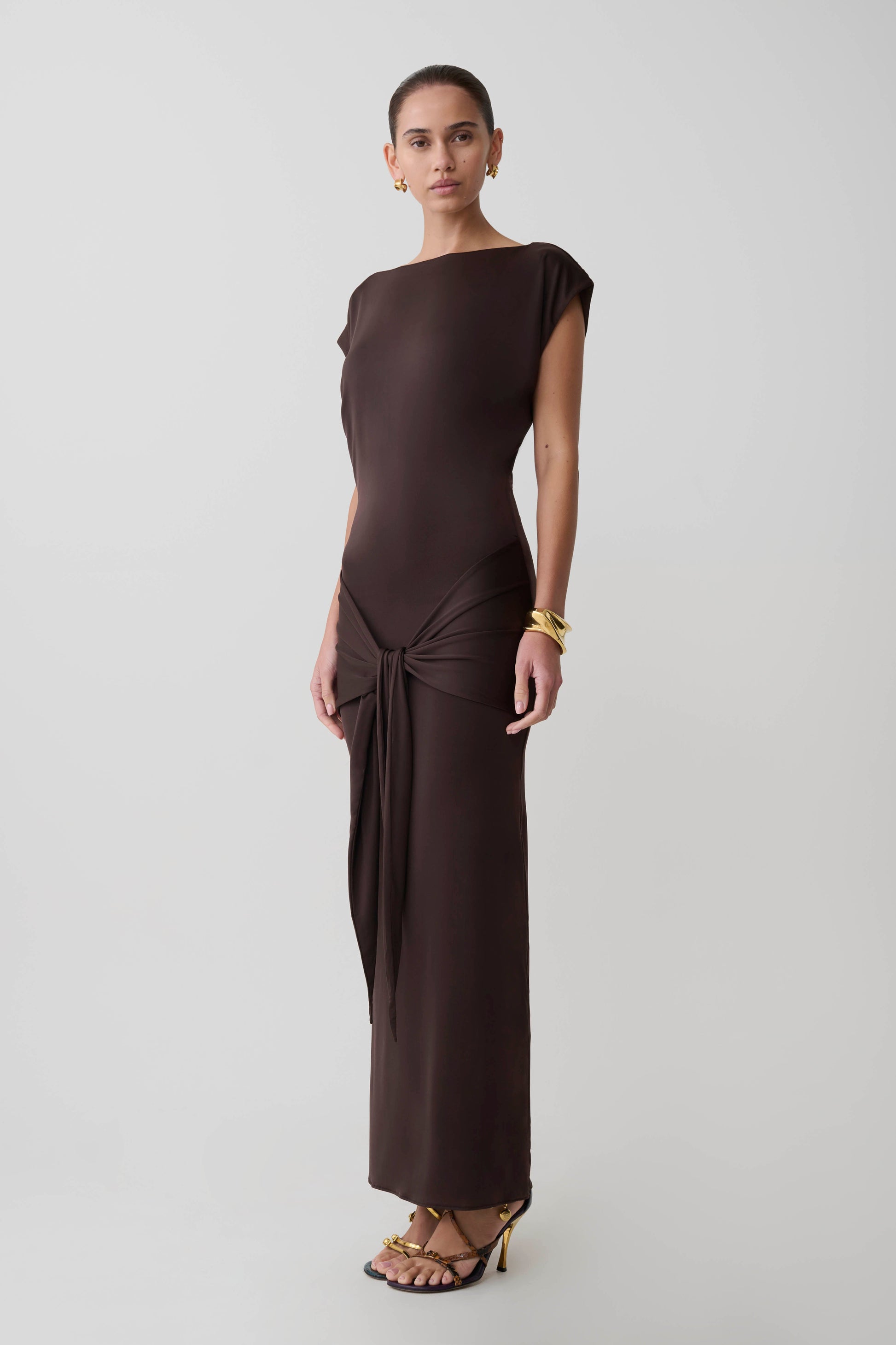 Maiara Shortsleeve Slinky Tie Maxi Dress - Chocolate #3