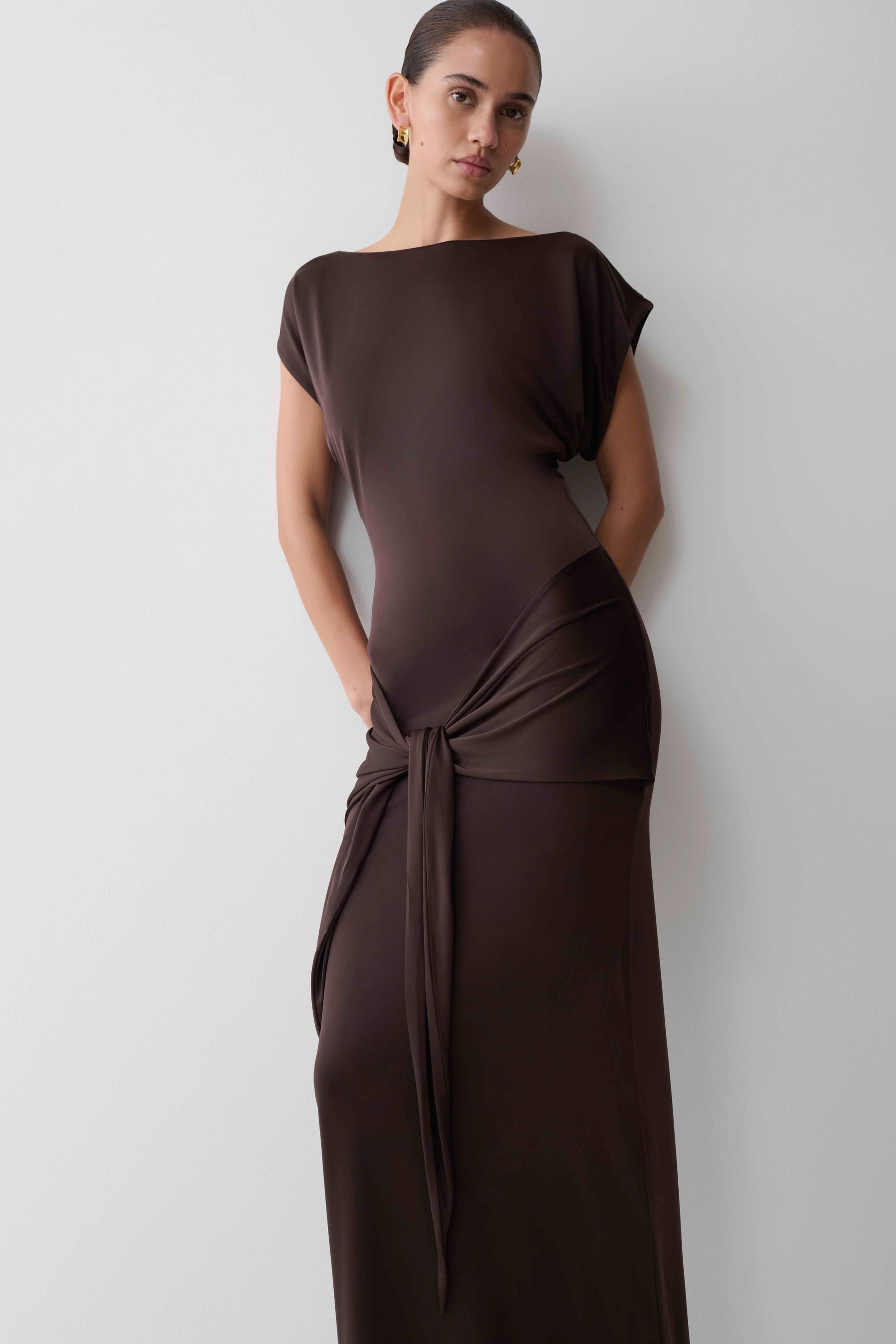 Maiara Shortsleeve Slinky Tie Maxi Dress - Chocolate #5