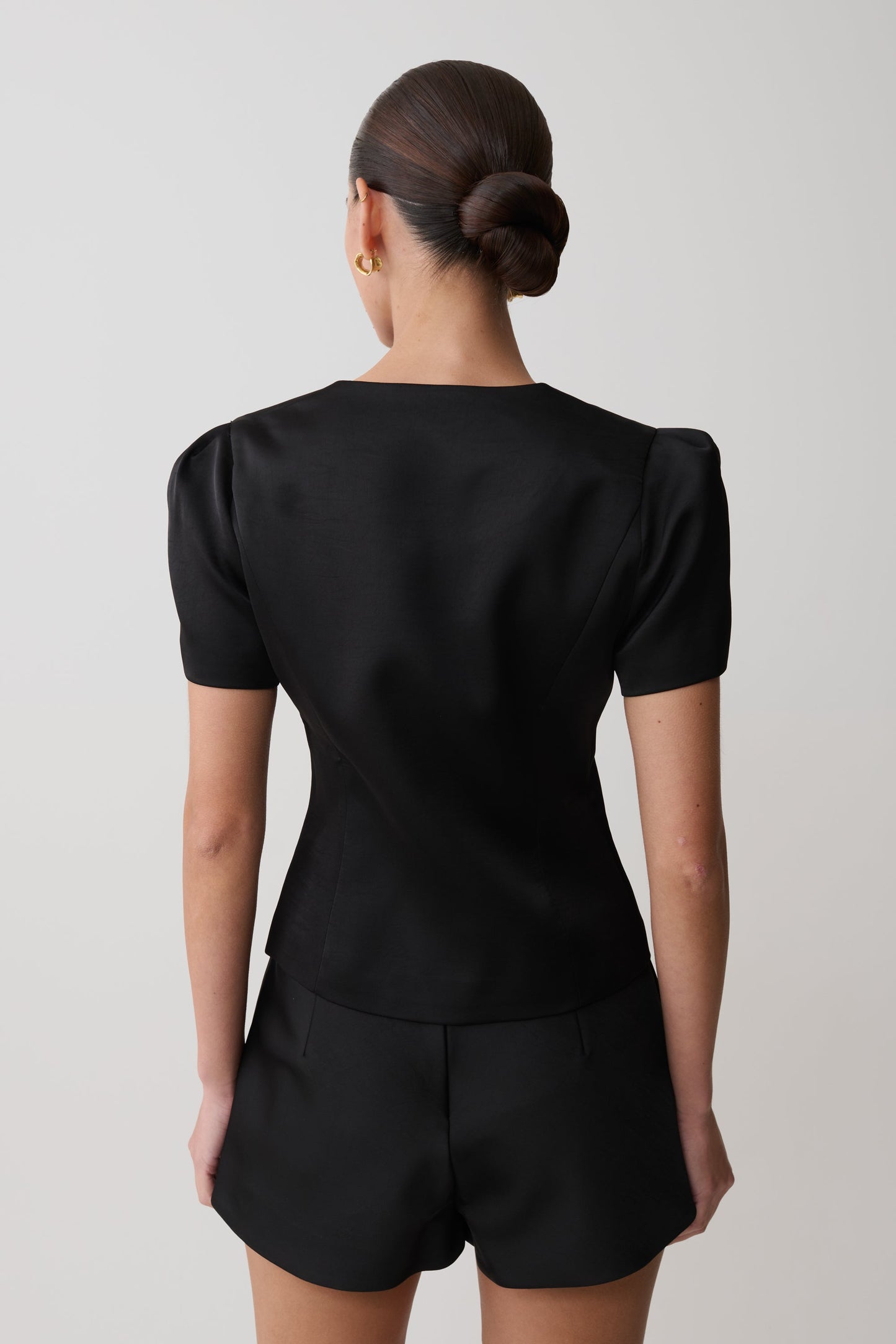 Anne Short Sleeve Satin Top - Black