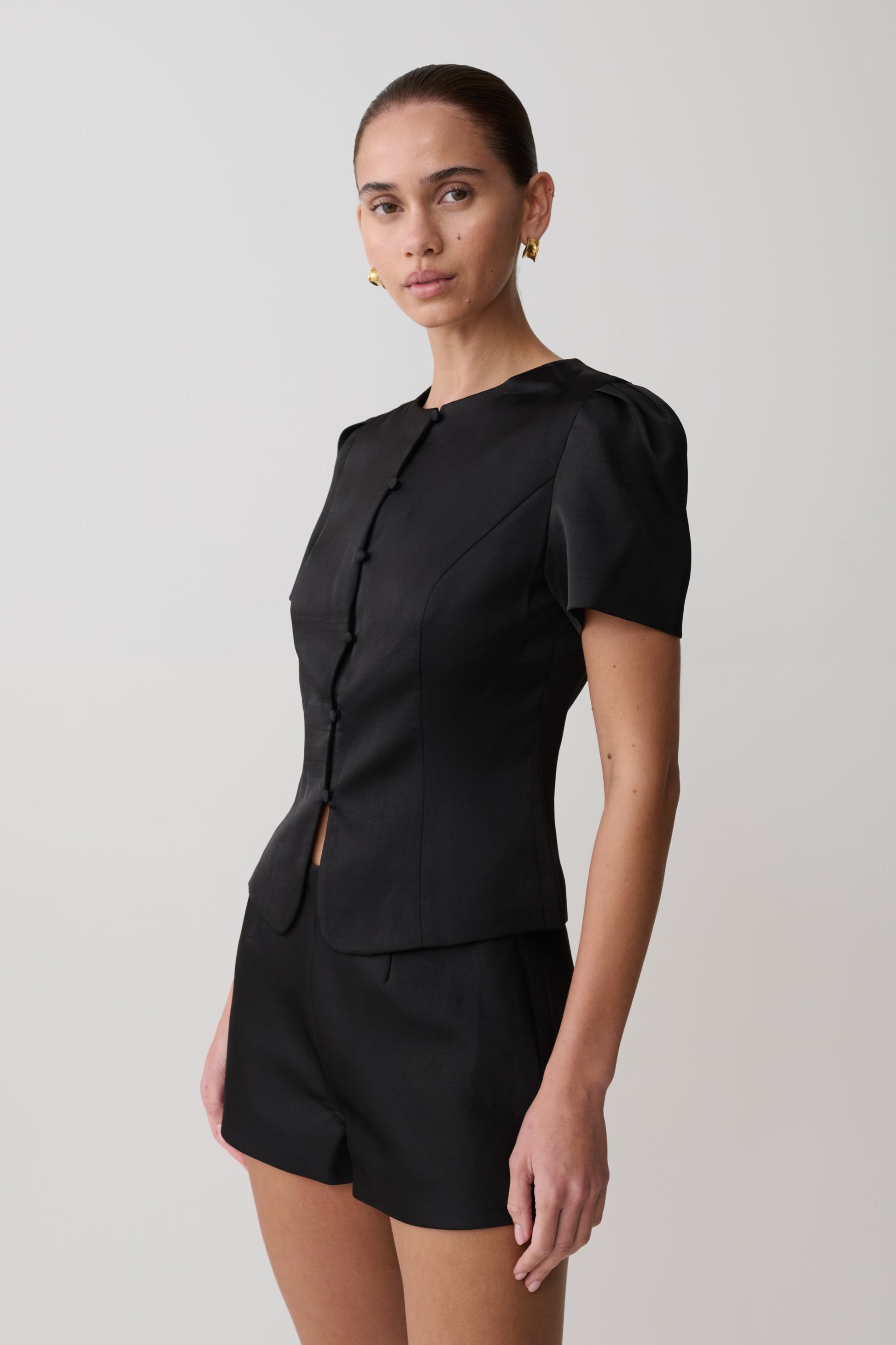 Anne Short Sleeve Satin Top - Black #3