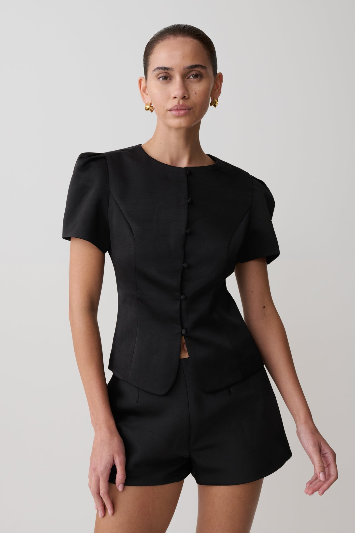Anne Short Sleeve Satin Top - Black