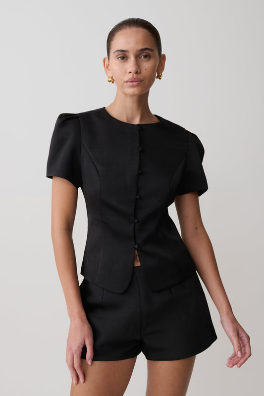 Anne Short Sleeve Satin Top - Black