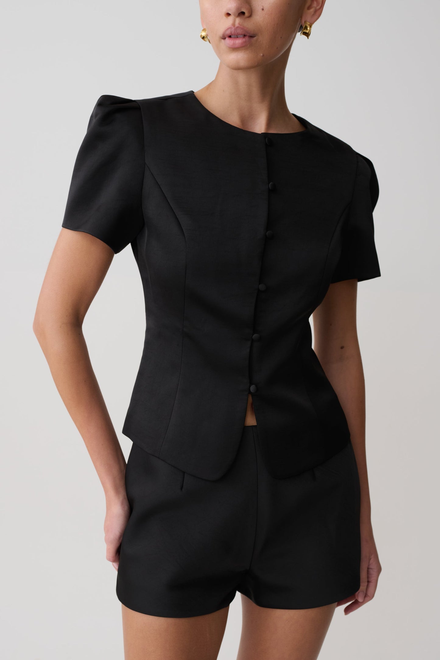 Anne Short Sleeve Satin Top - Black