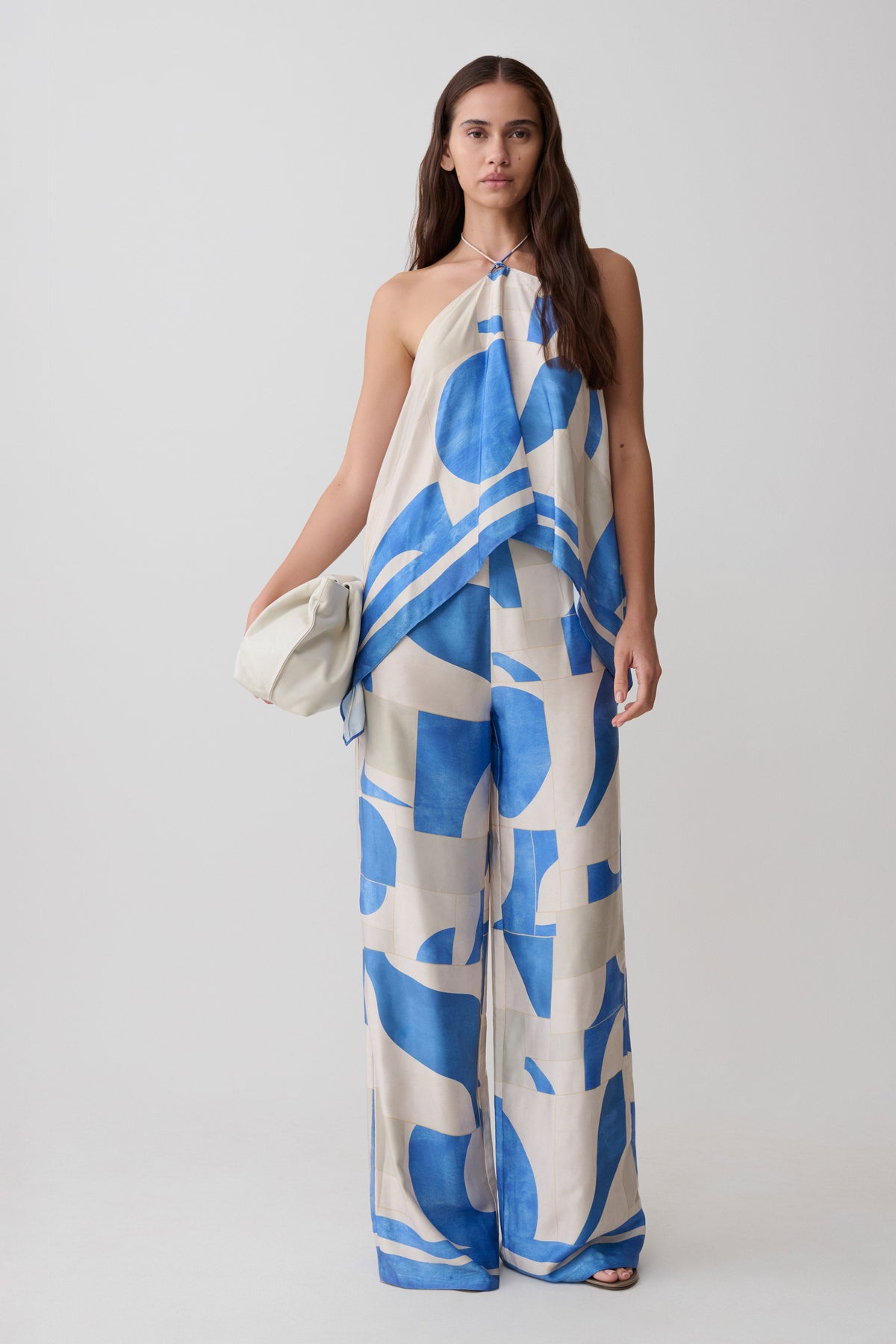 Adelaide Draped Satin Halter Top - Blue Geo Tile Print #5