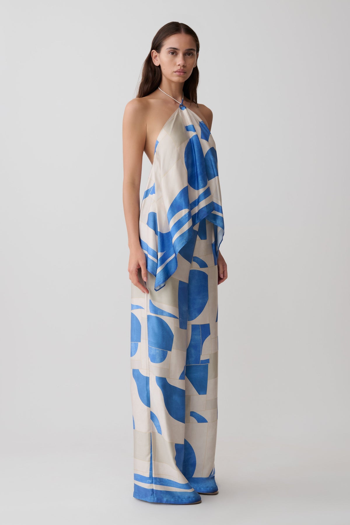 Adelaide Draped Satin Halter Top - Blue Geo Tile Print #4