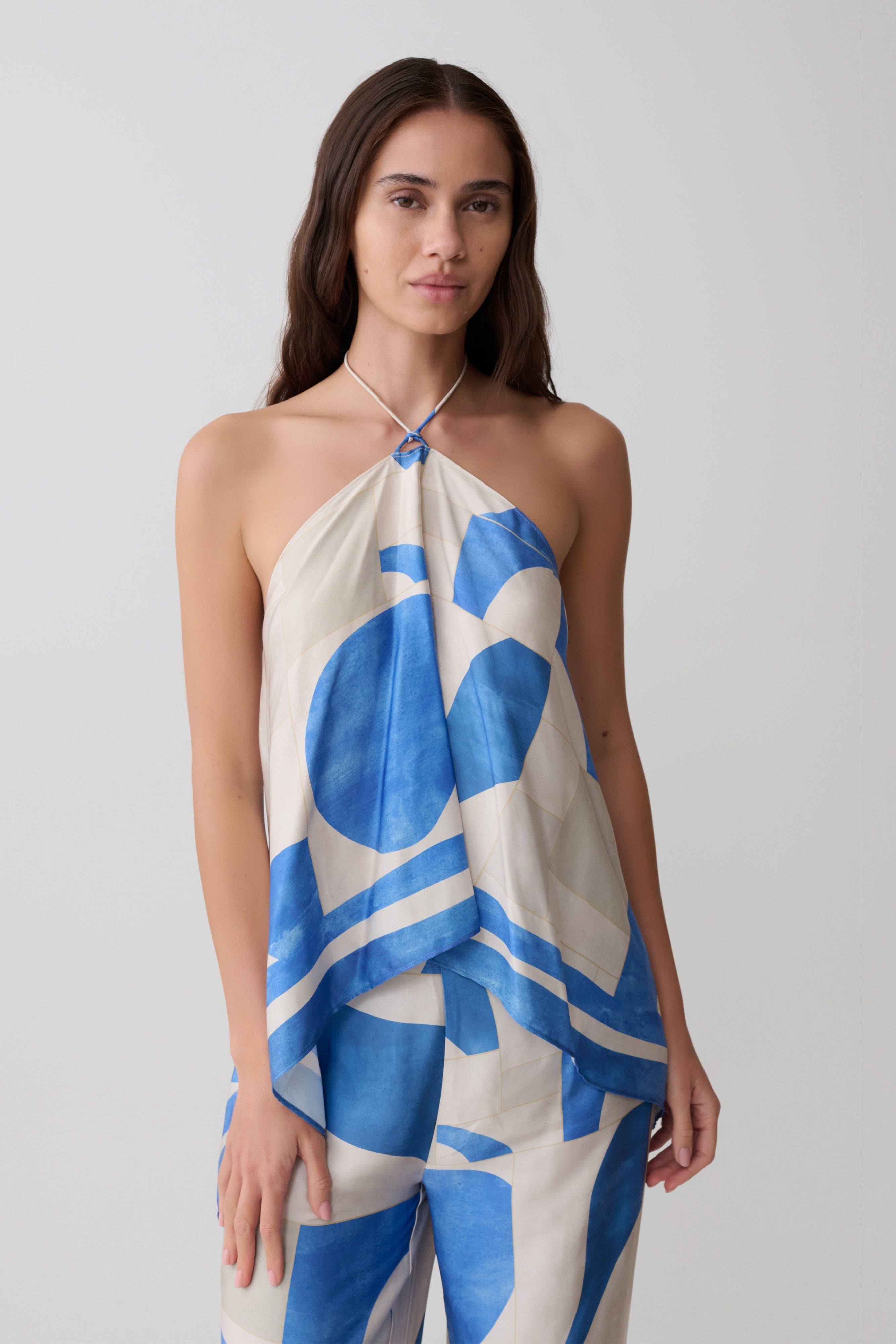 Adelaide Draped Satin Halter Top - Blue Geo Tile Print | MESHKI UK