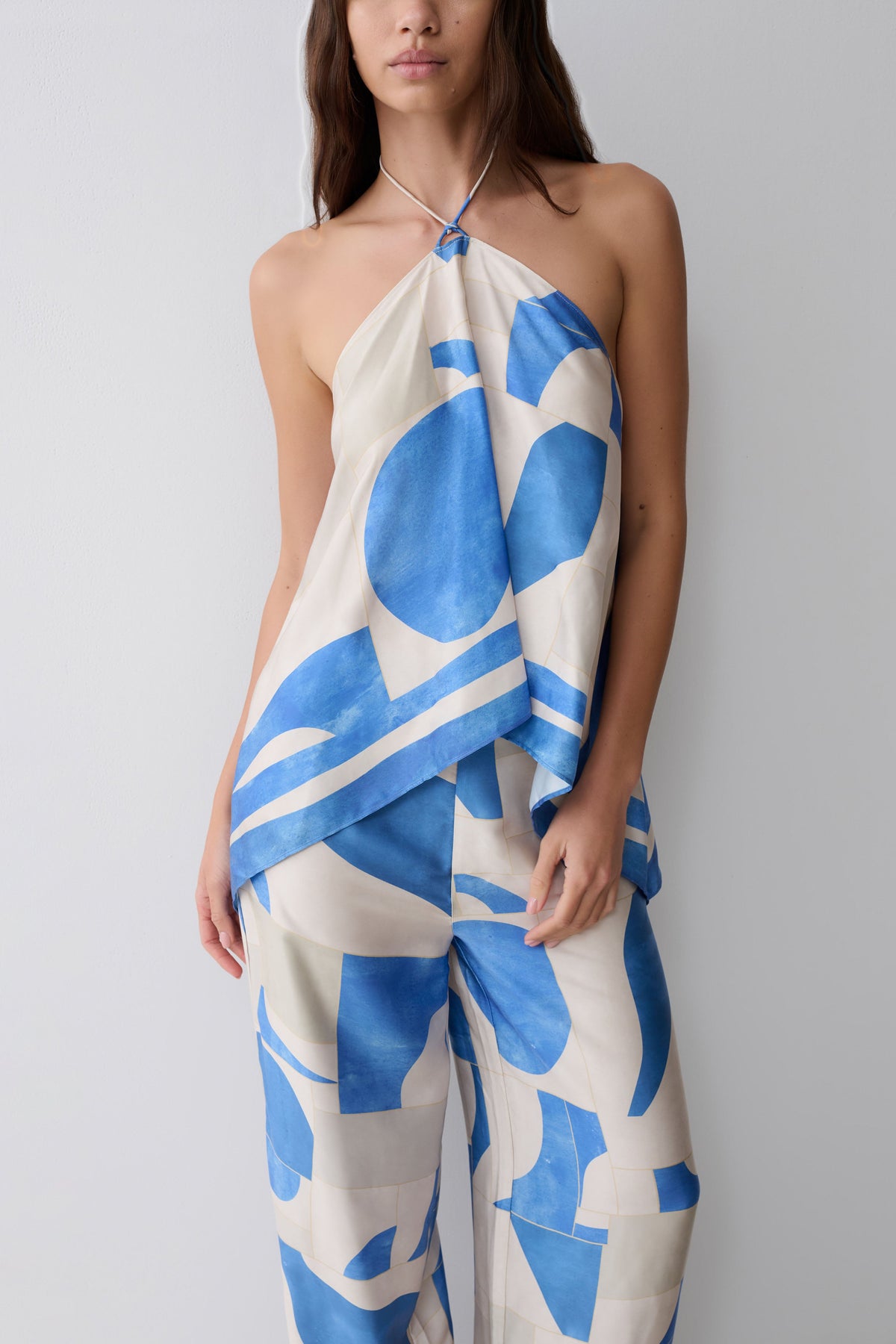 Adelaide Draped Satin Halter Top - Blue Geo Tile Print #3