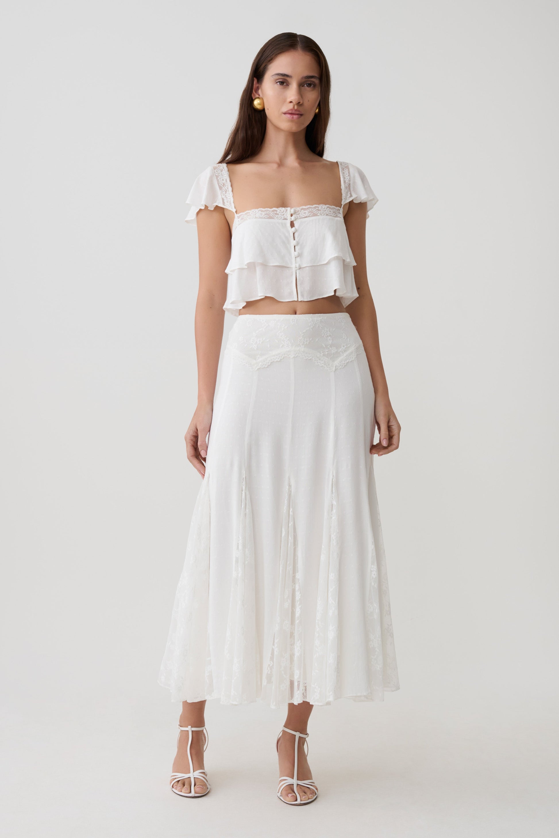 Skylar Lace Panelled Midi Skirt - White