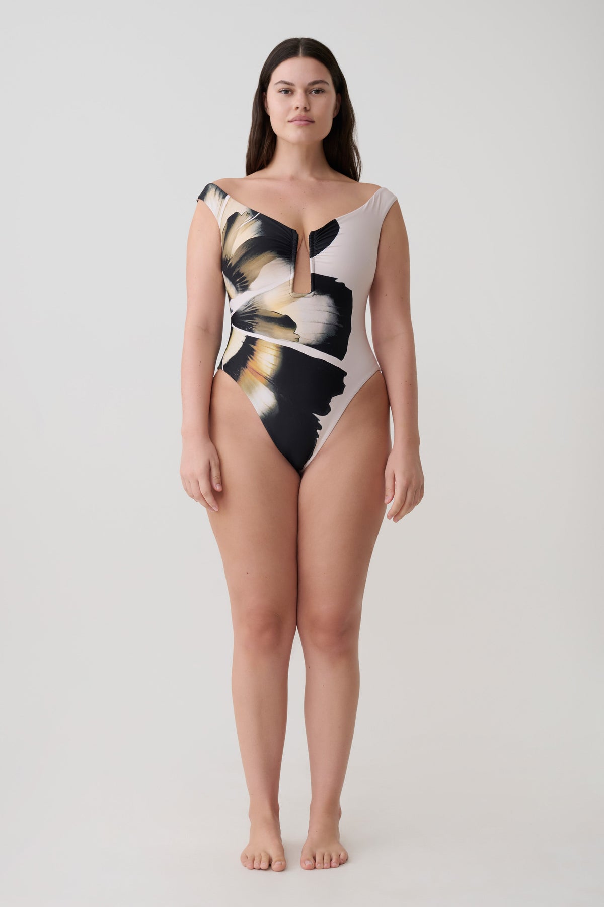 Yumi U-Wire Plunge One Piece Swimsuit - Ivory Base Floral Print #9