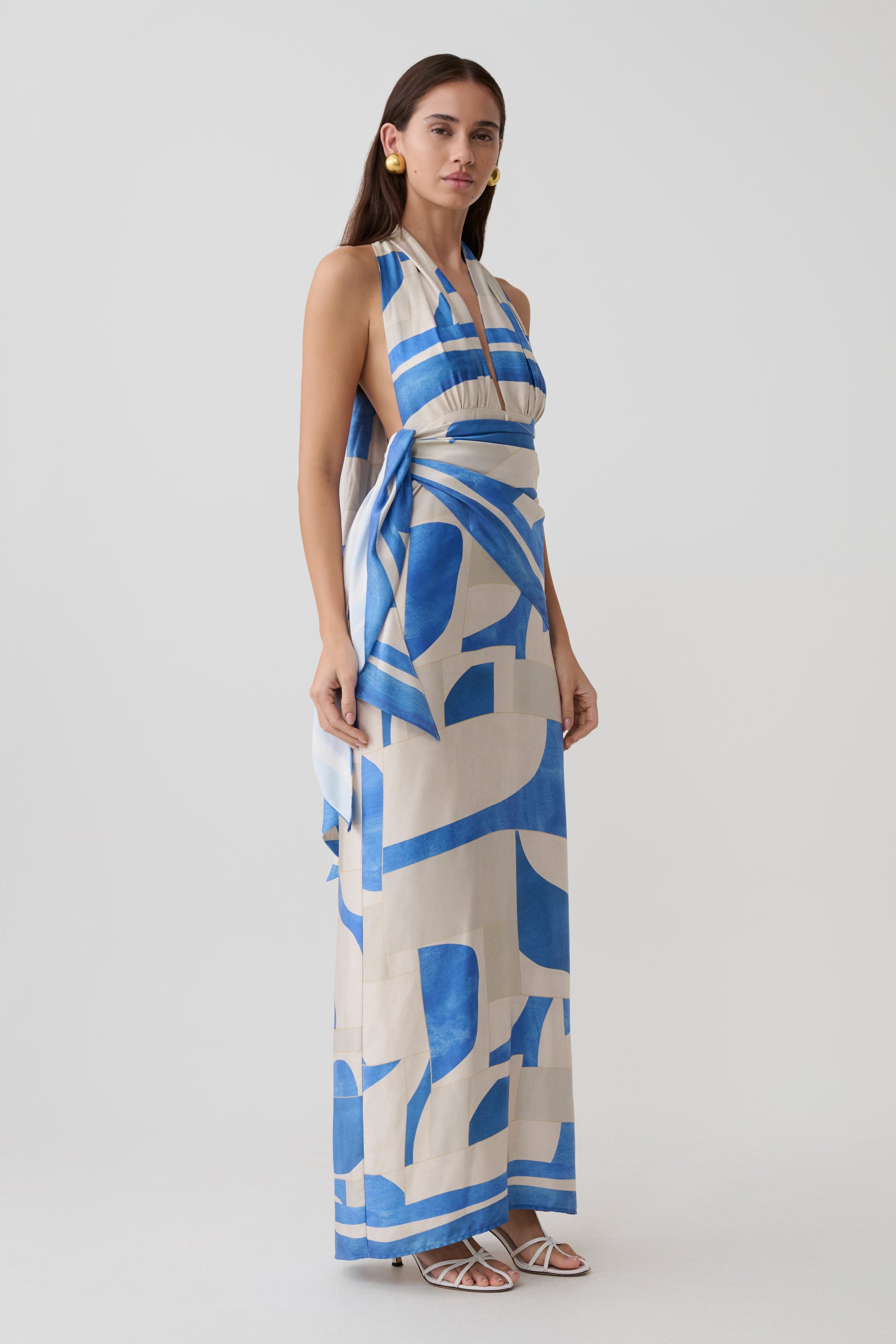 Gianna Satin Halter Maxi Dress - Blue Geo Tile Print #4