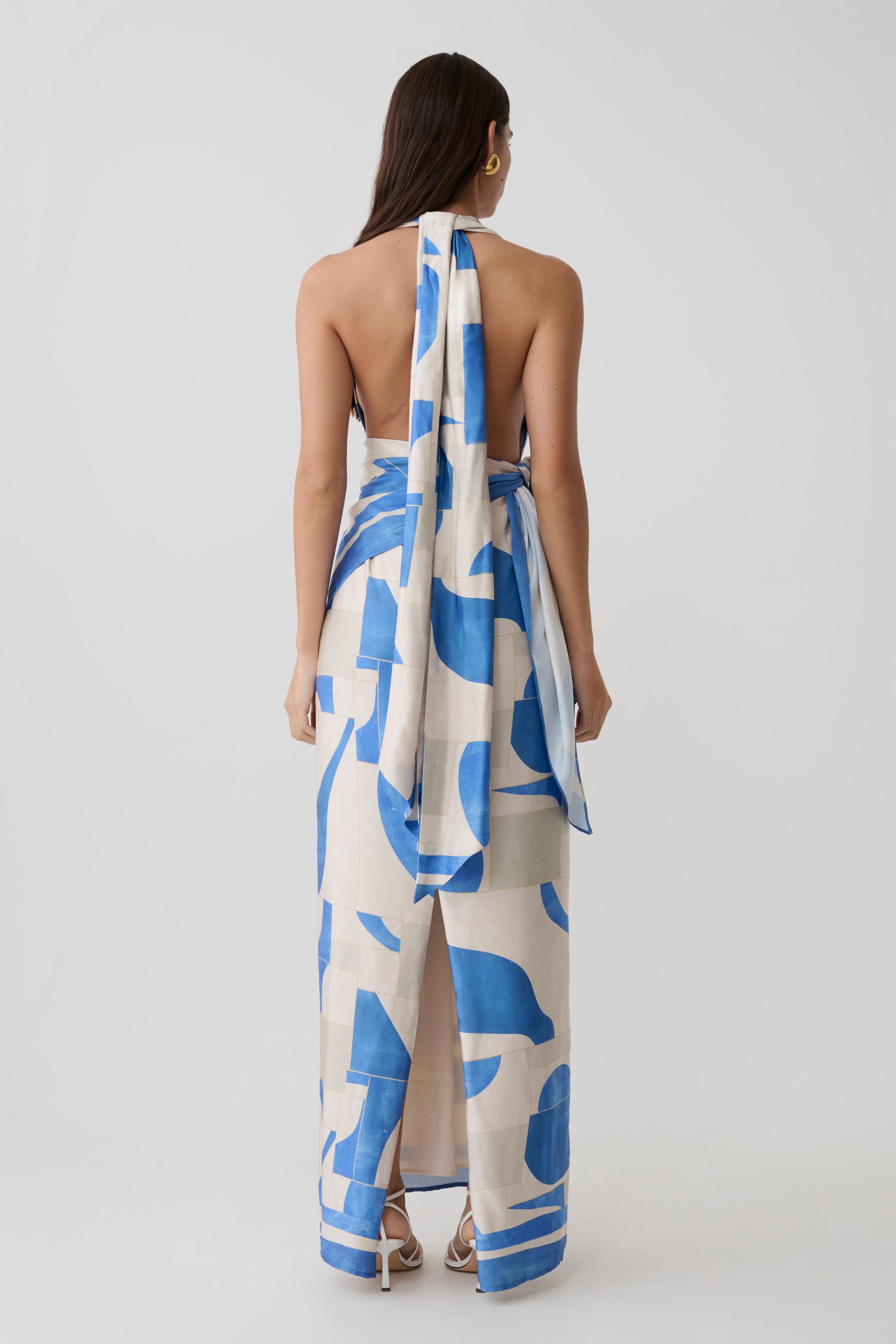 Gianna Satin Halter Maxi Dress - Blue Geo Tile Print #2