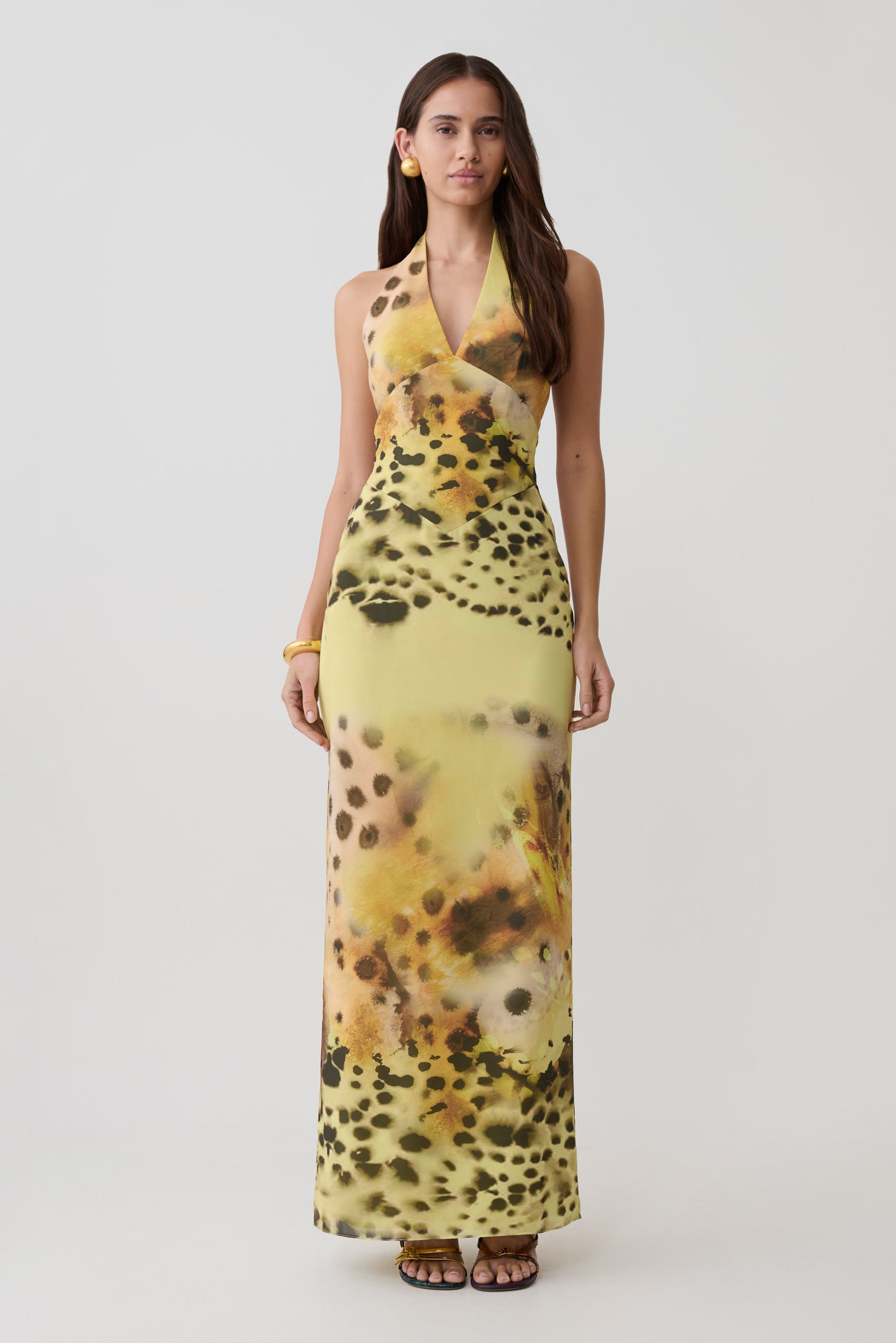 Valentina Chiffon Halter Maxi Dress - Yellow Floral Leopard Print