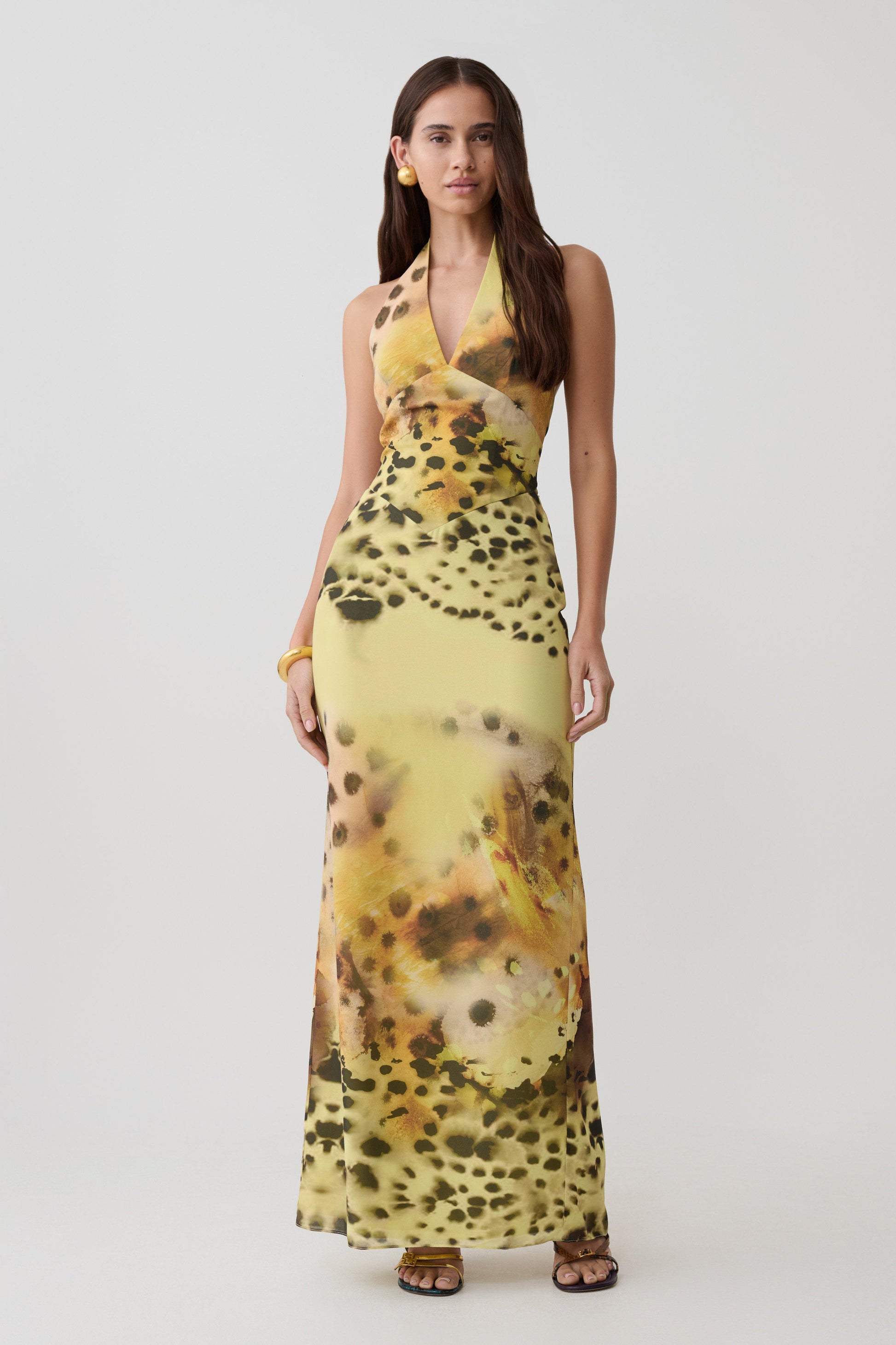 Valentina Chiffon Halter Maxi Dress - Yellow Floral Leopard Print #6
