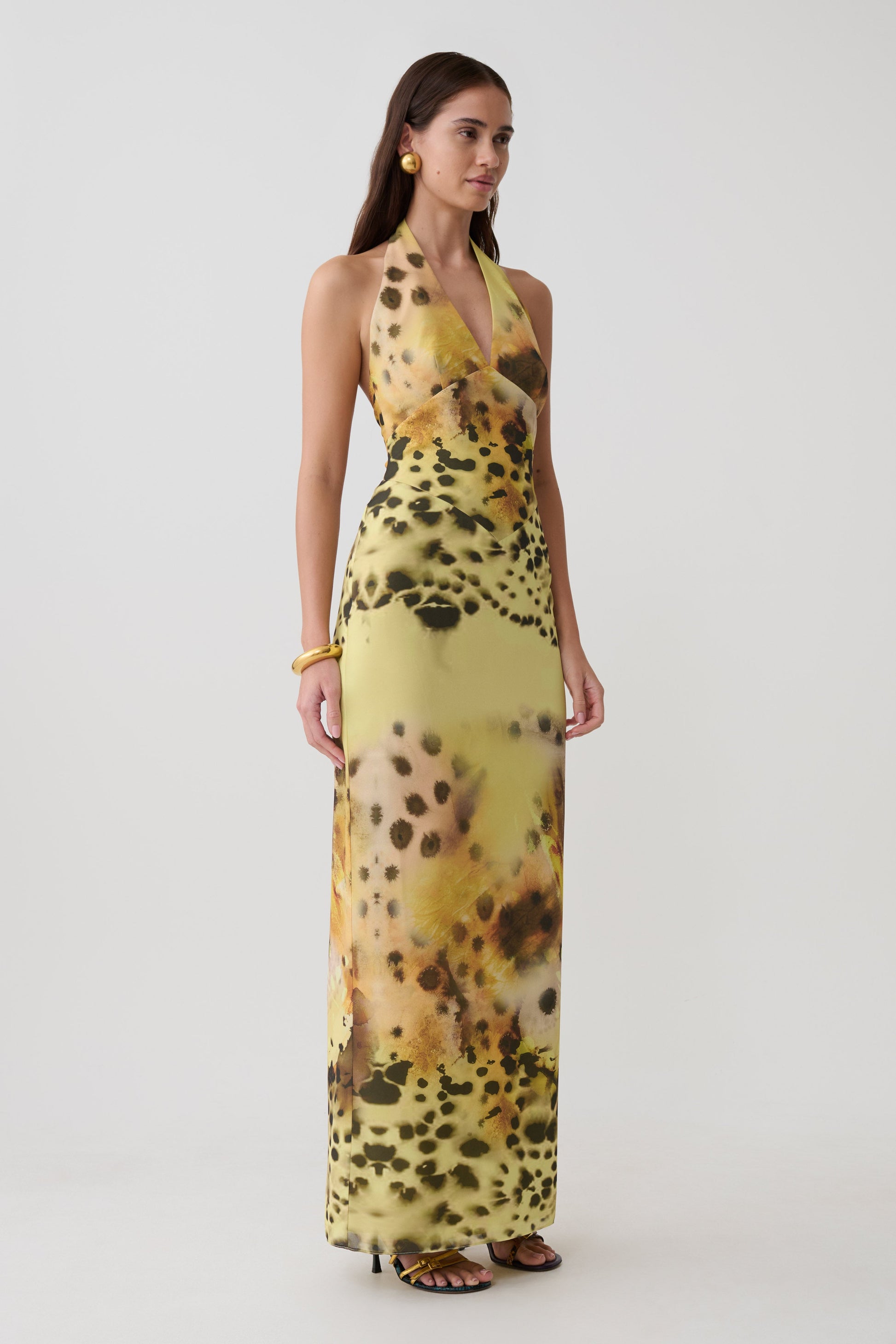 Valentina Chiffon Halter Maxi Dress - Yellow Floral Leopard Print #5