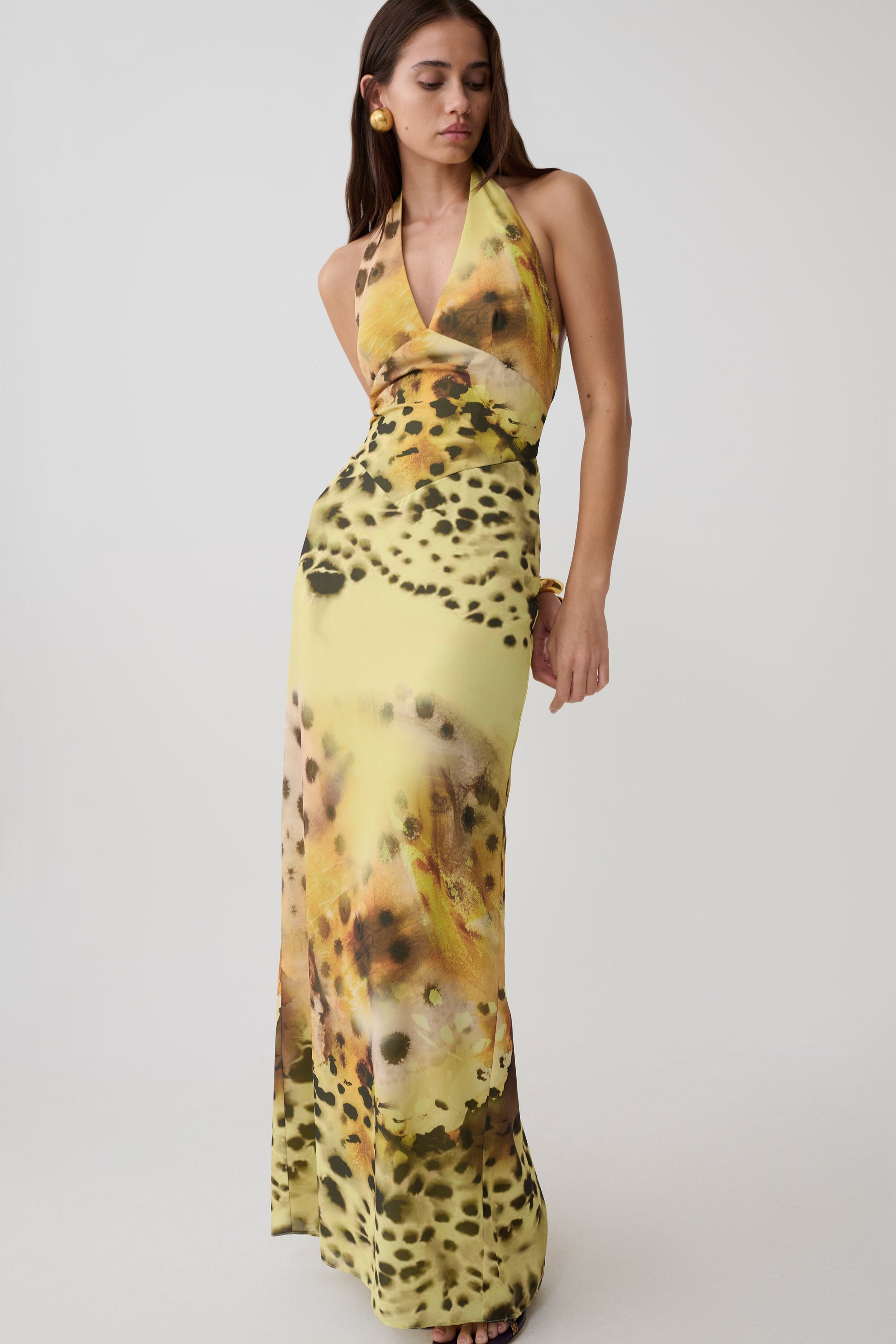 Valentina Chiffon Halter Maxi Dress - Yellow Floral Leopard Print #8