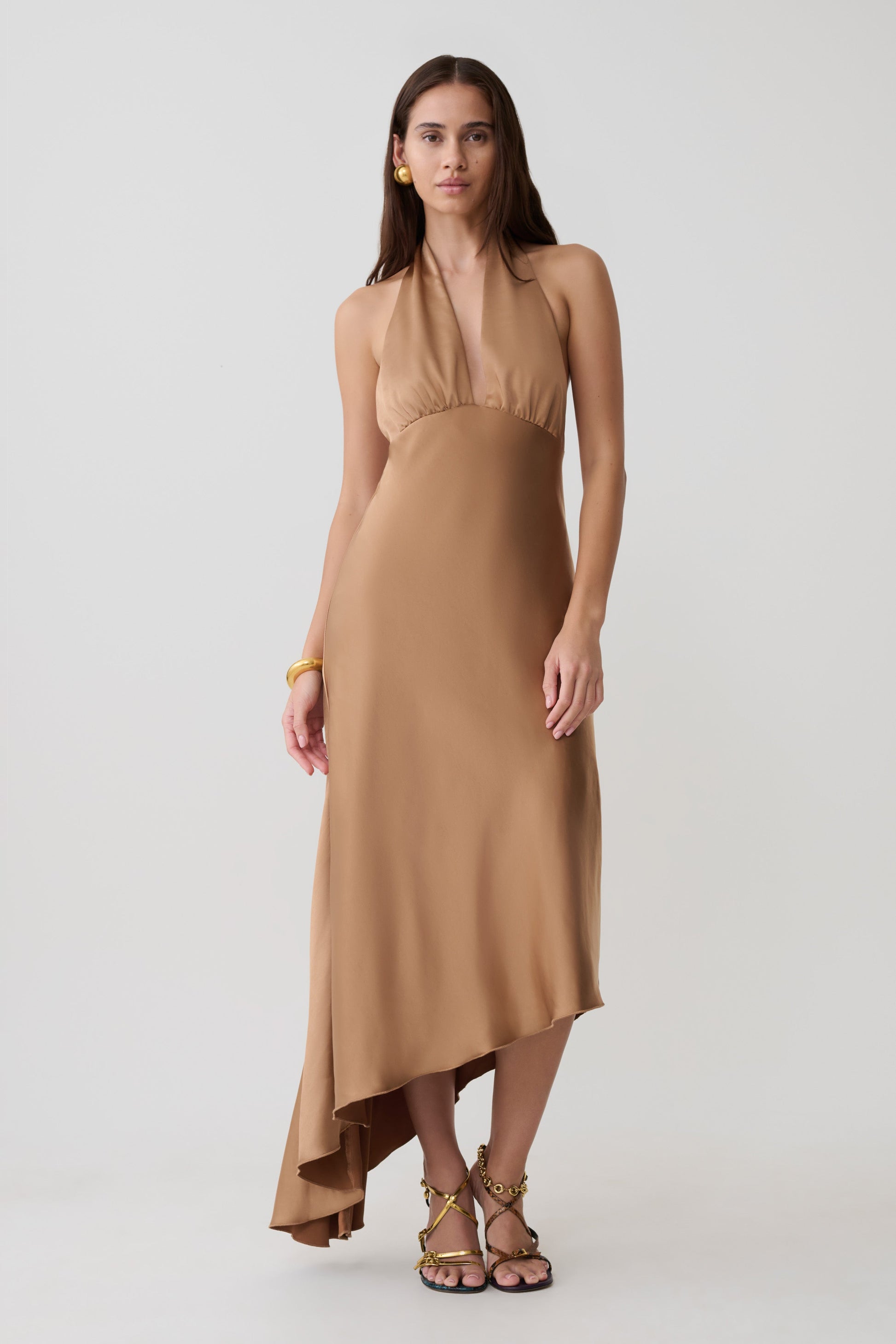 Adelie Asymmetric Hem Halter Midi Dress - Cognac #6