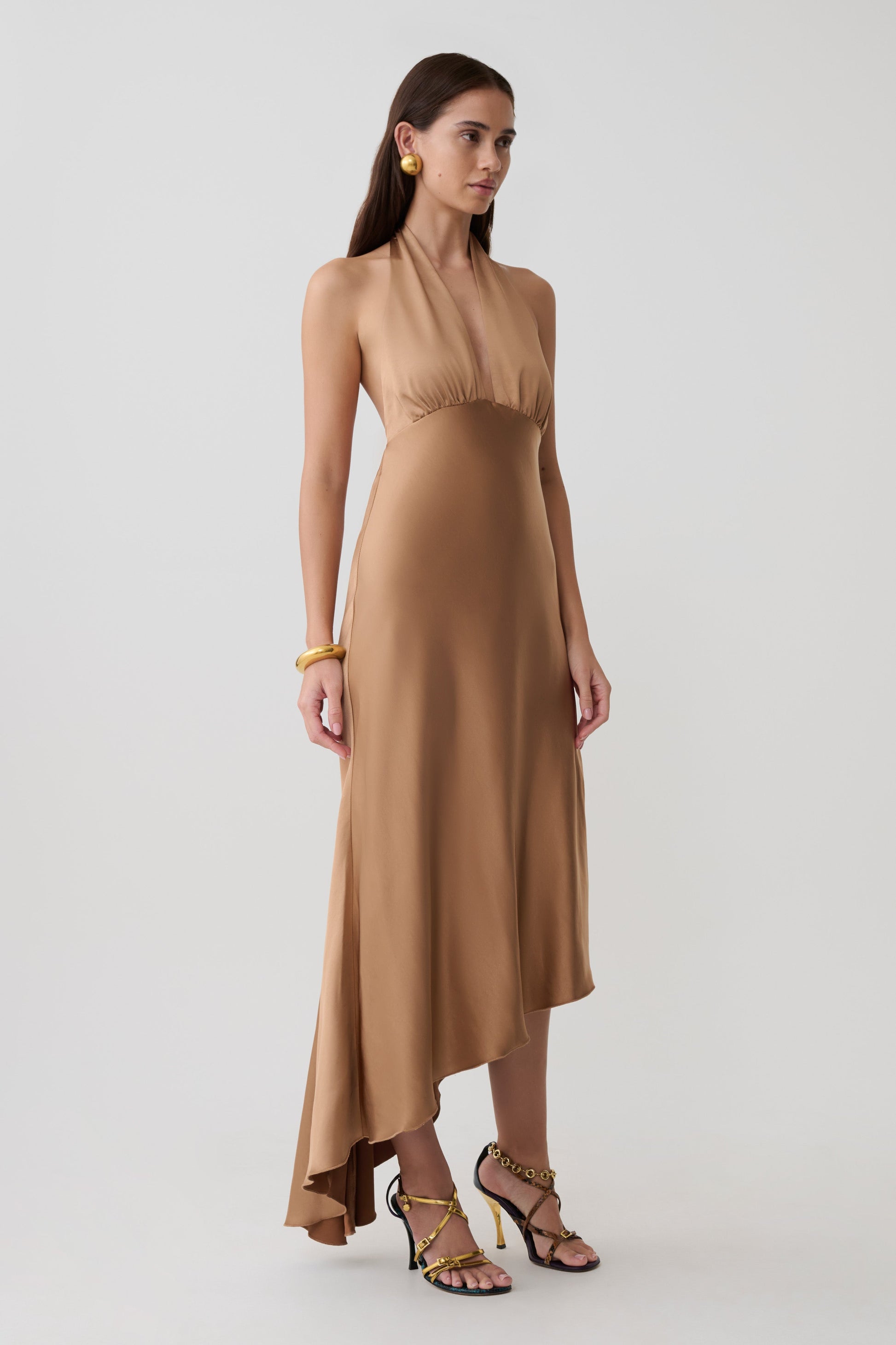 Adelie Asymmetric Hem Halter Midi Dress - Cognac #4