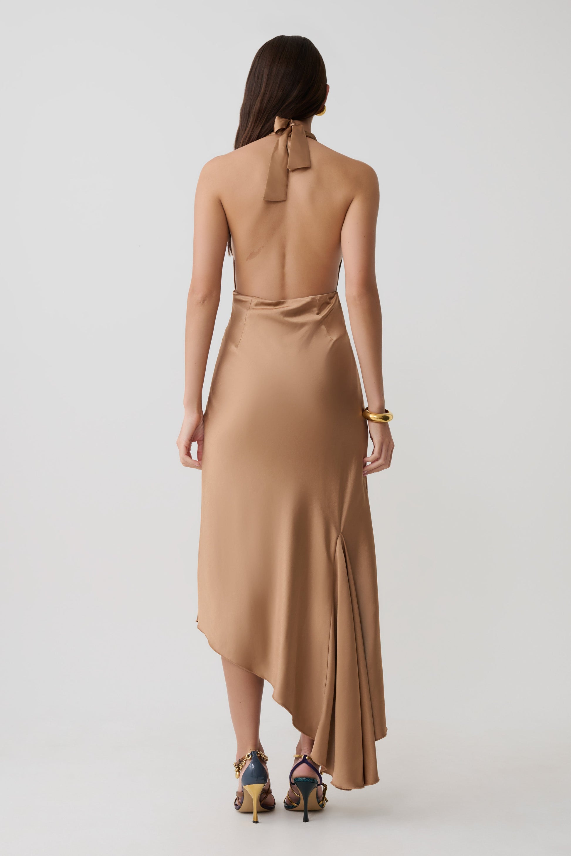 Adelie Asymmetric Hem Halter Midi Dress - Cognac #2