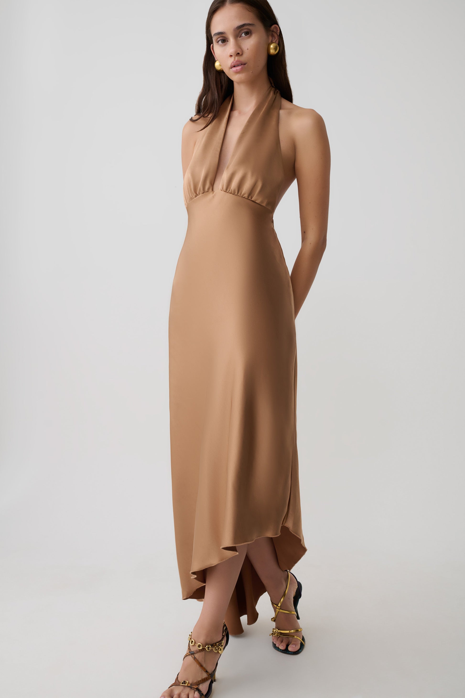 Adelie Asymmetric Hem Halter Midi Dress - Cognac #3