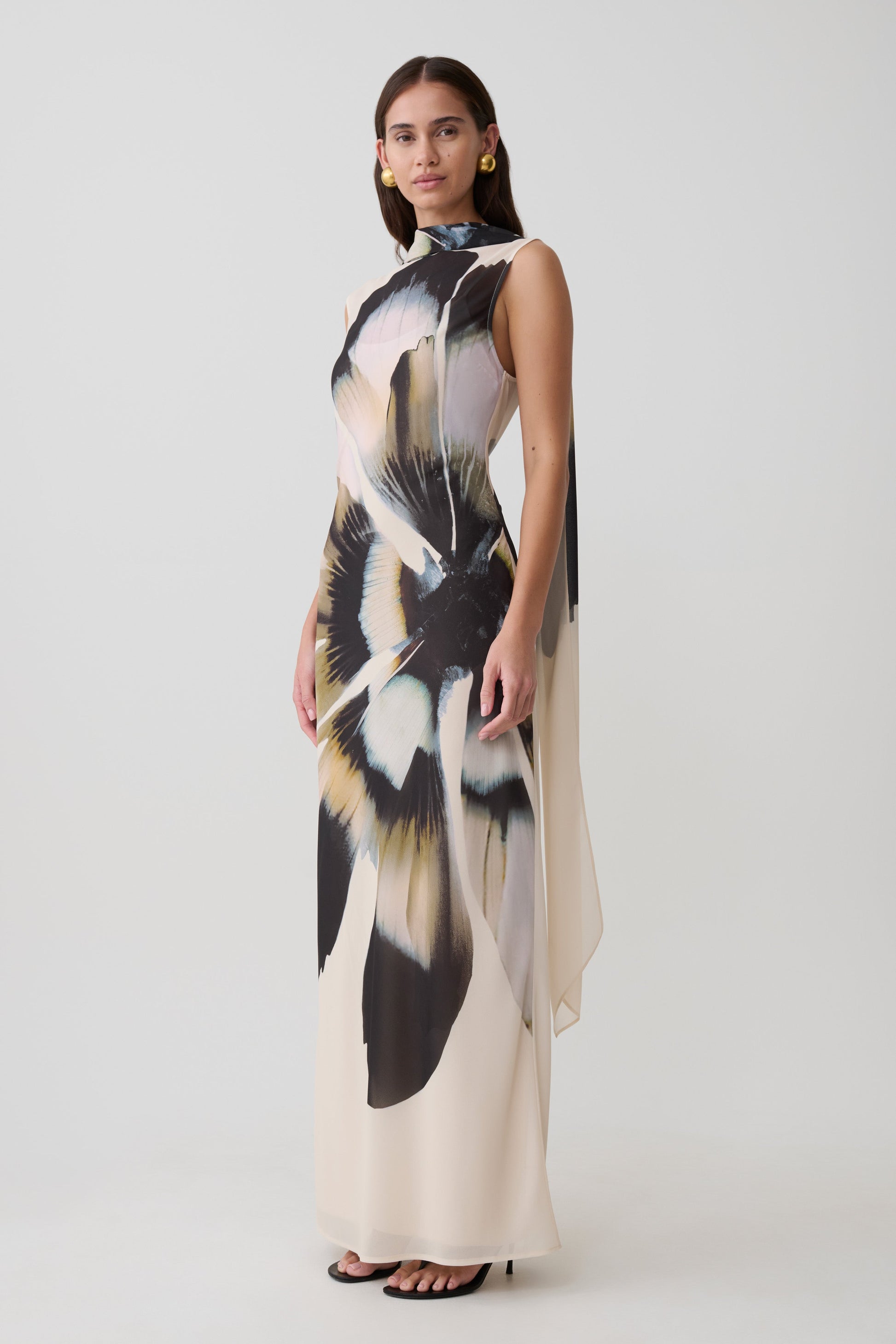 Dakota Chiffon Maxi Dress With Scarf - Ivory Oversized Floral Print #5