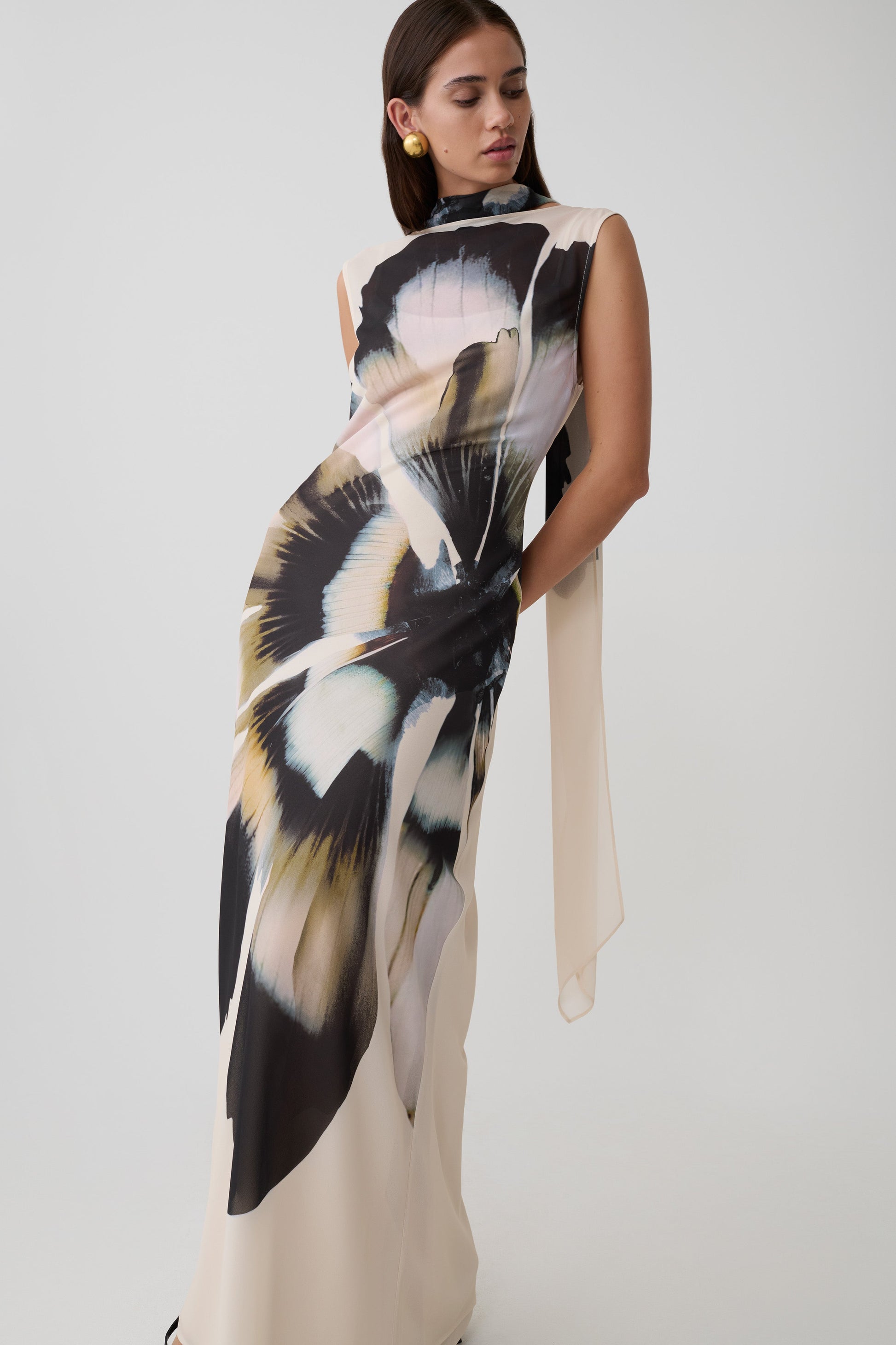Dakota Chiffon Maxi Dress With Scarf - Ivory Oversized Floral Print #6