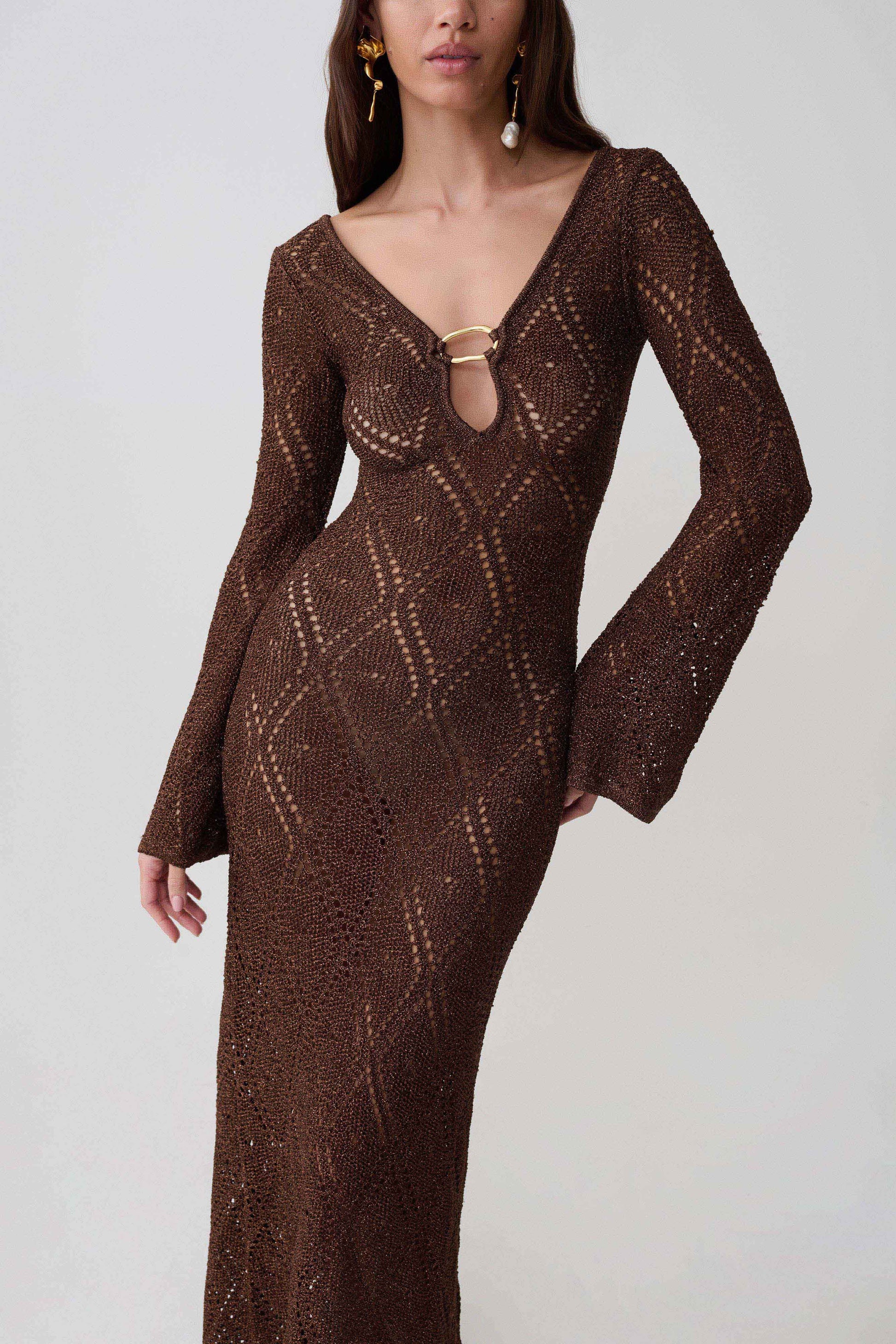 Chelsea Lurex Crochet Maxi Dress - Bronze #2