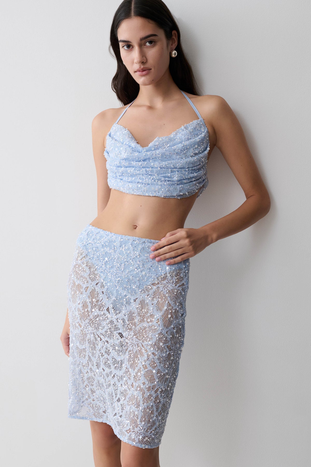 Kiara Pearl Beaded Midi Skirt - Powder Blue #2