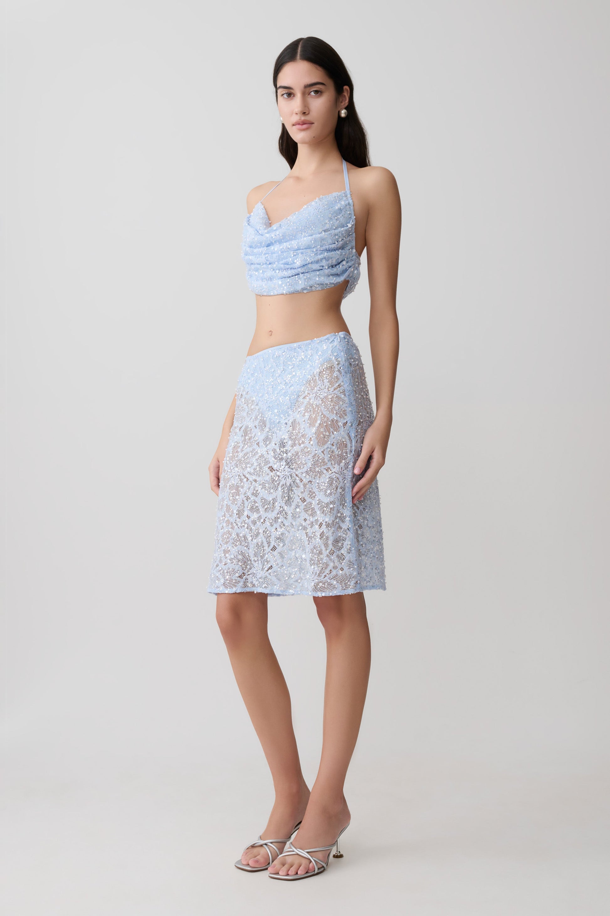 Kiara Pearl Beaded Cowl Crop Top - Powder Blue #4