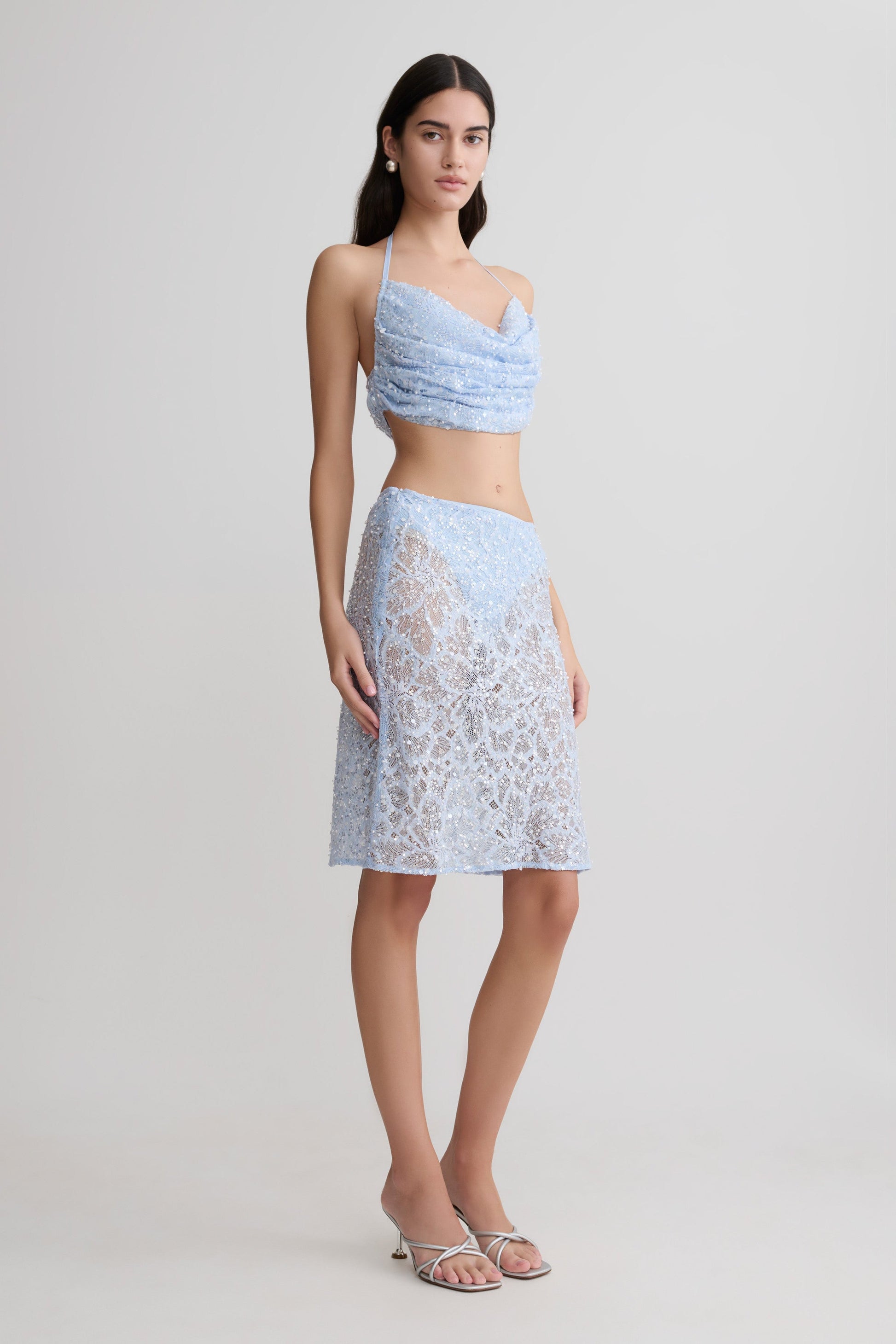 Kiara Pearl Beaded Cowl Crop Top - Powder Blue #4