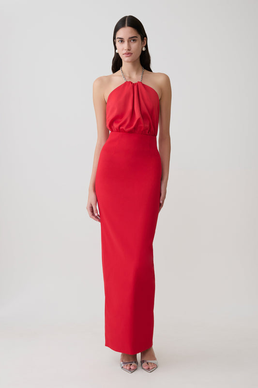 Elina Satin Necklace Maxi Dress - Red