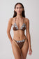 Woman wearing a brown bikini set with pale blue floral embroidery.
