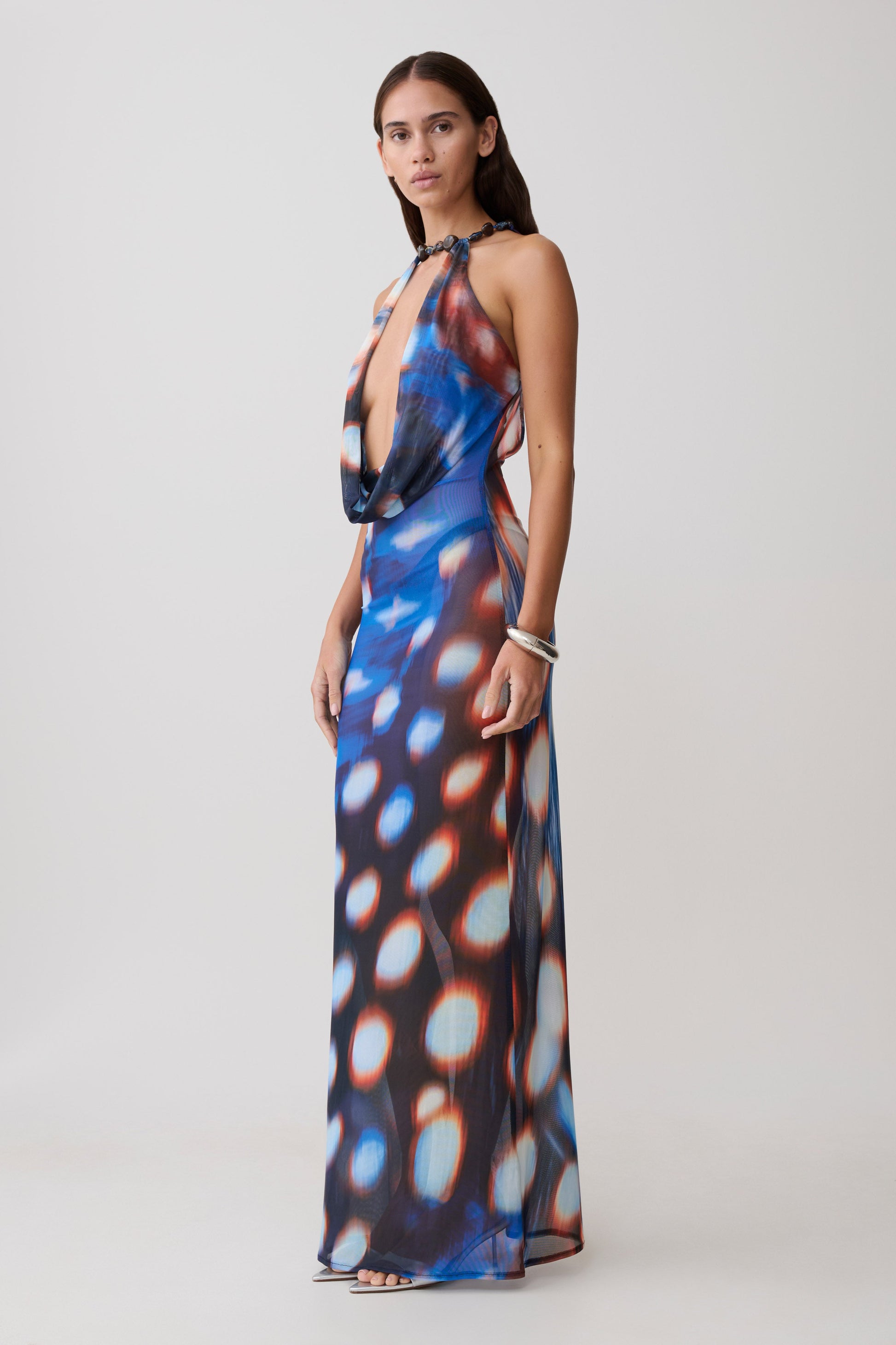 Ethel Mesh Cowl Plunge Maxi - Blue Abstract Print #4