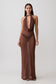 Woman wearing a brown mesh cowl plunge maxi dress.