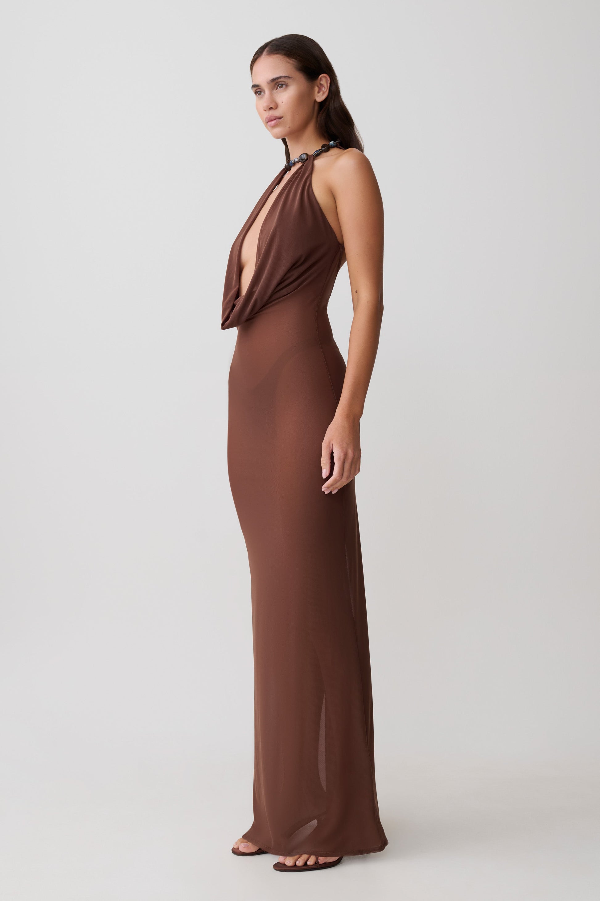 Ethal Mesh Cowl Neck Beaded Maxi Dress - Chocolate #4