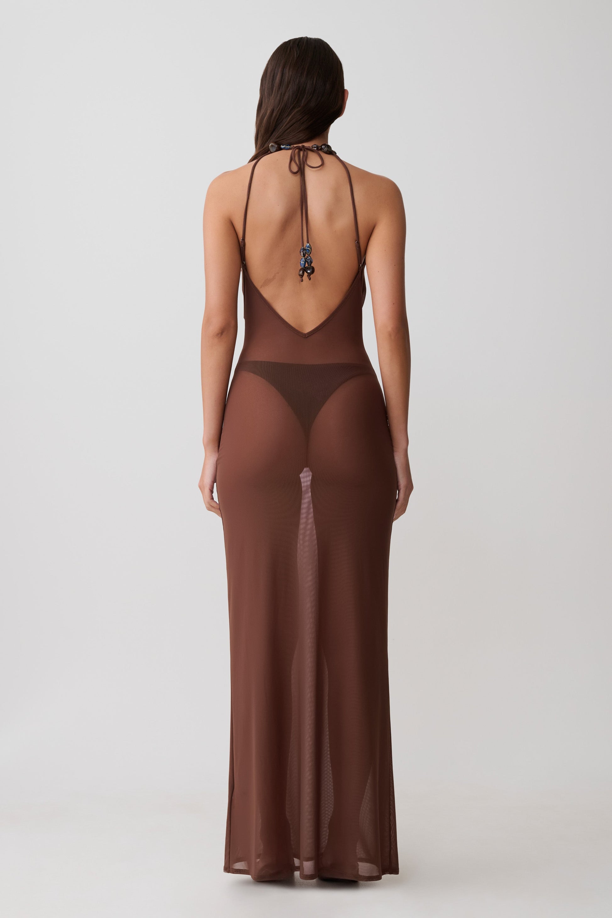 Ethal Mesh Cowl Neck Beaded Maxi Dress - Chocolate #2