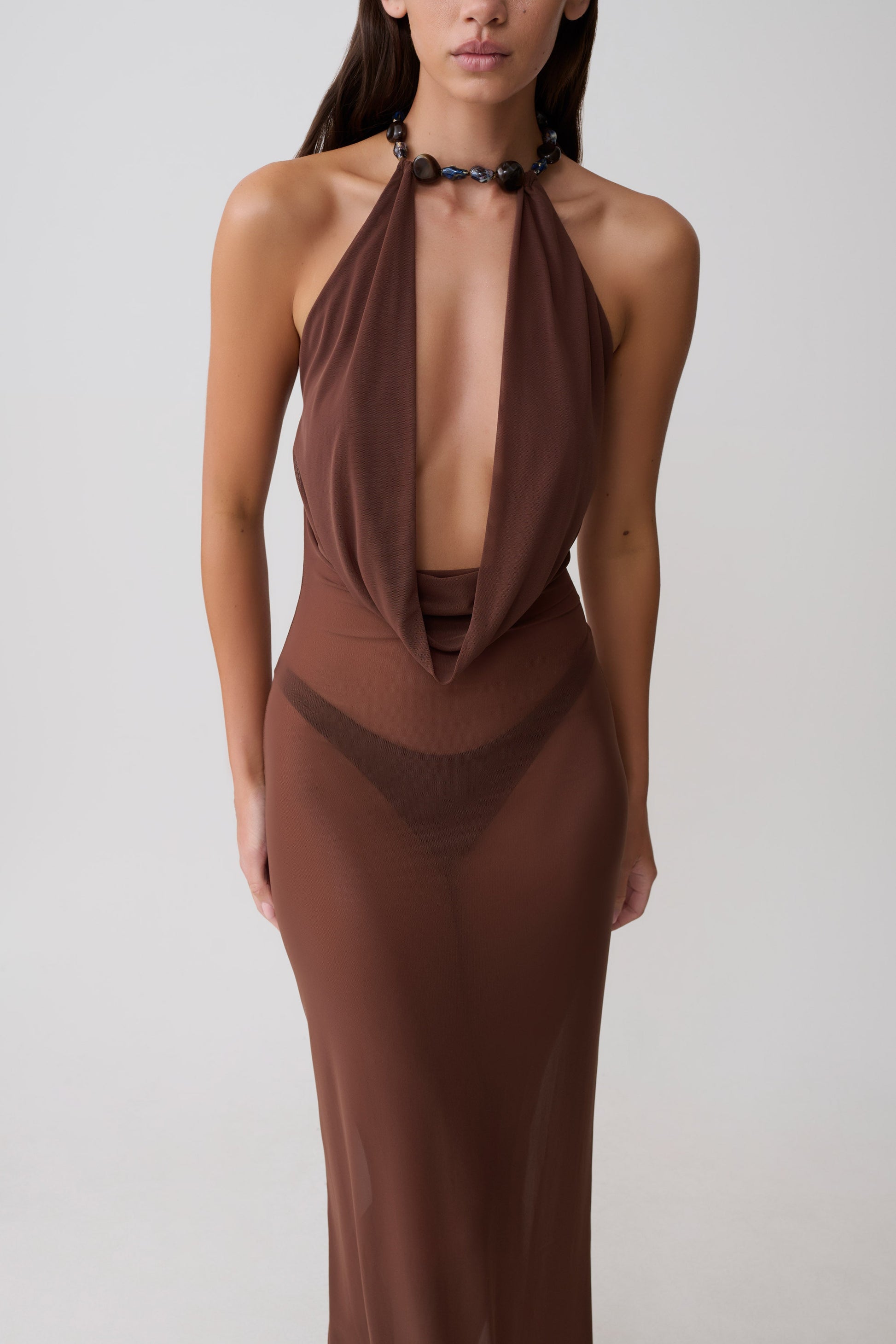 Ethal Mesh Cowl Neck Beaded Maxi Dress - Chocolate #3