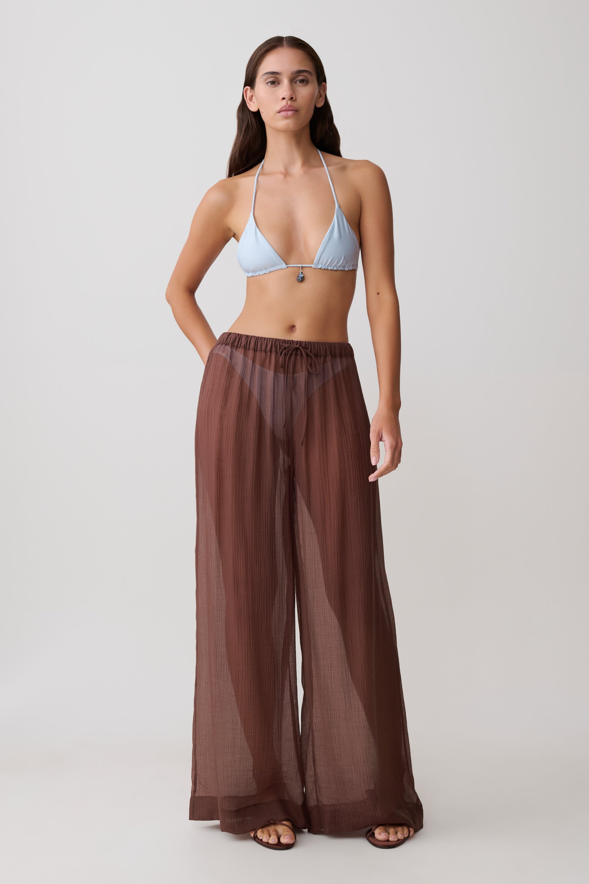 Leilani Sheer Drawstring Wide Leg Pants - Chocolate #4