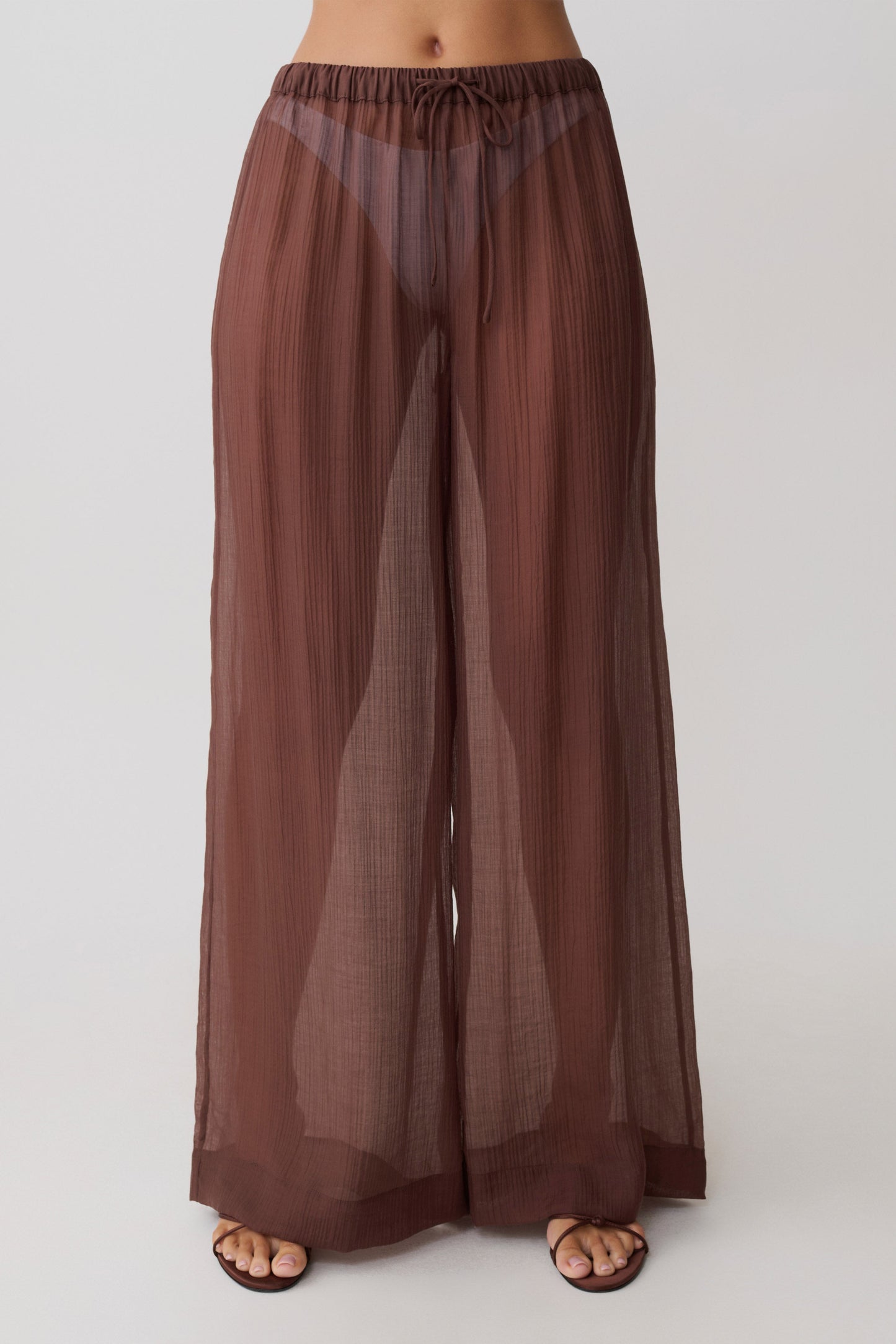 Leilani Sheer Drawstring Wide Leg Pants - Chocolate