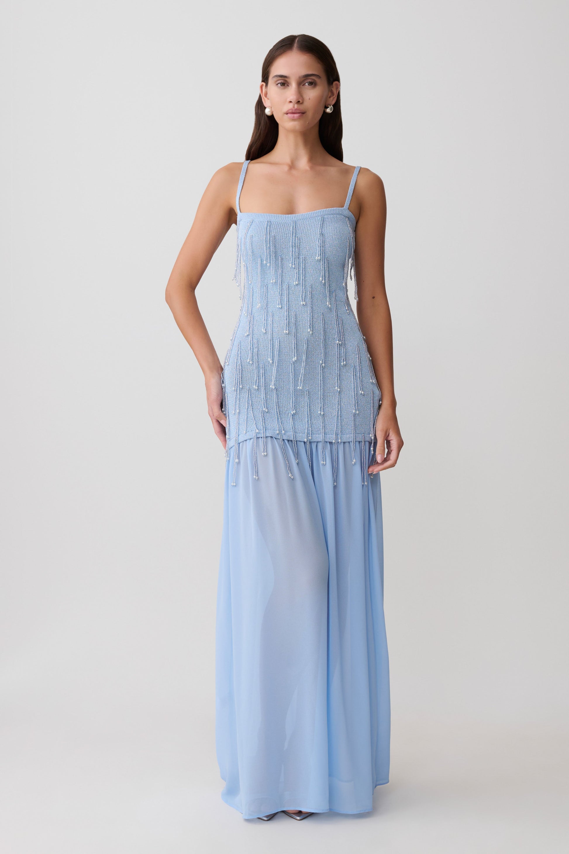 Belinda Beaded Knit & Chiffon Maxi Dress - Light Blue #3