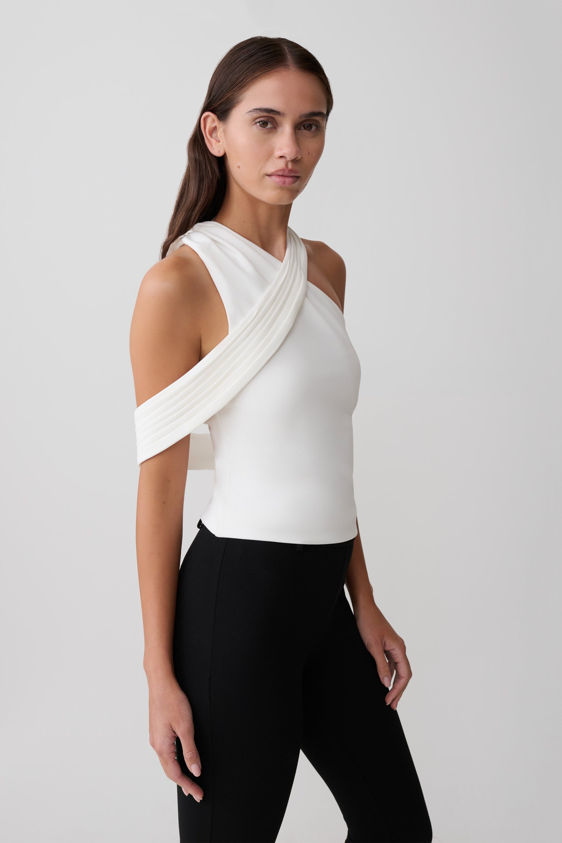 Sable Crossover Crepe Halter Top - White #3