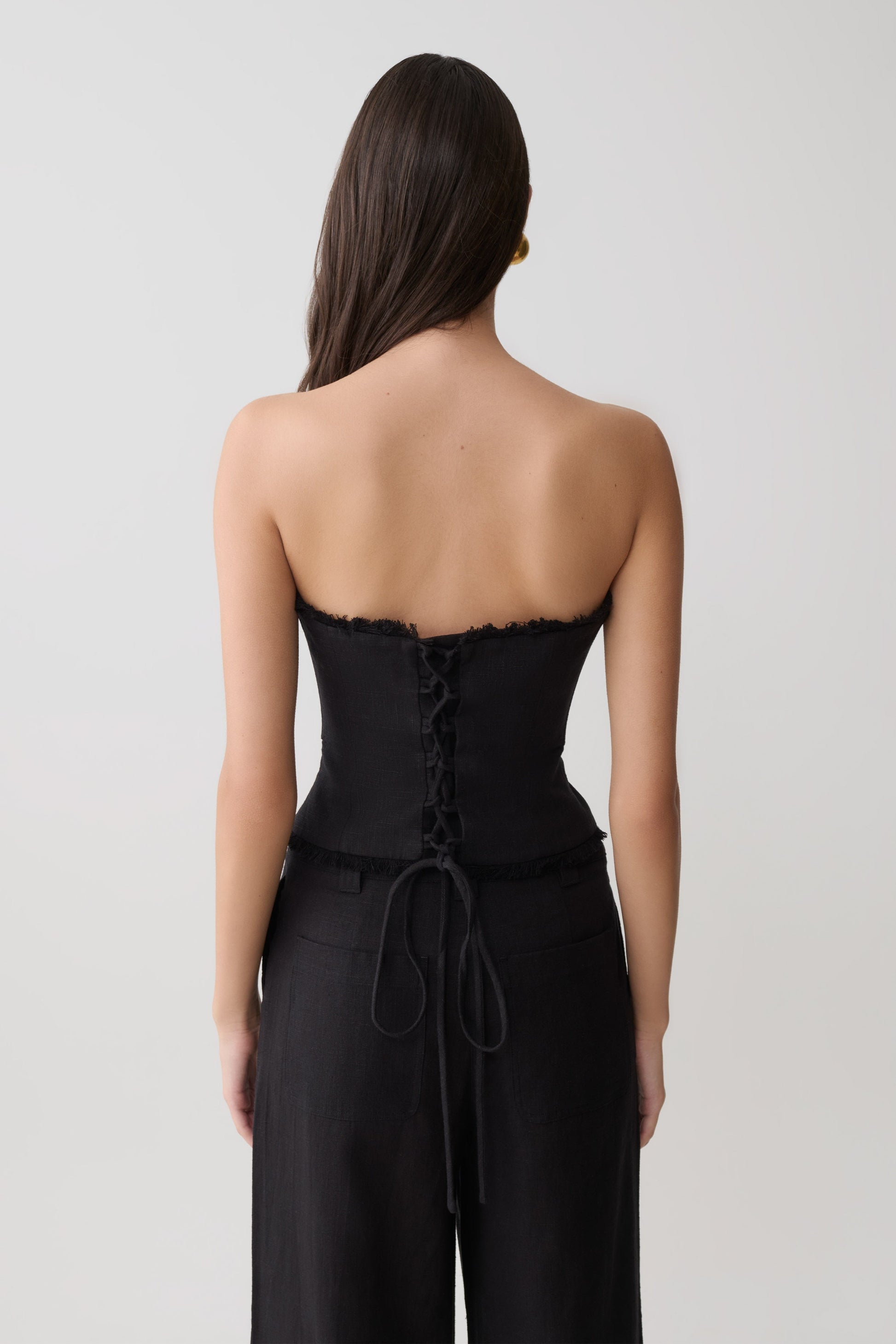 Annie Strapless Tie Back Linen Top - Black #2