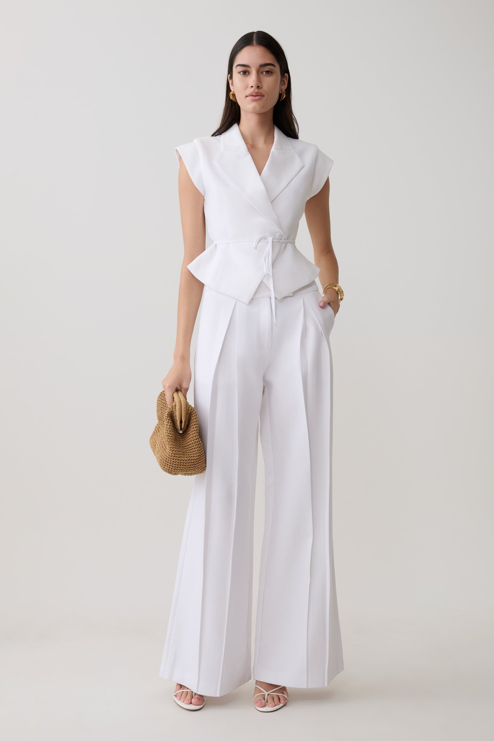 Raya Mid Rise Wide Leg Linen Pant - White #7