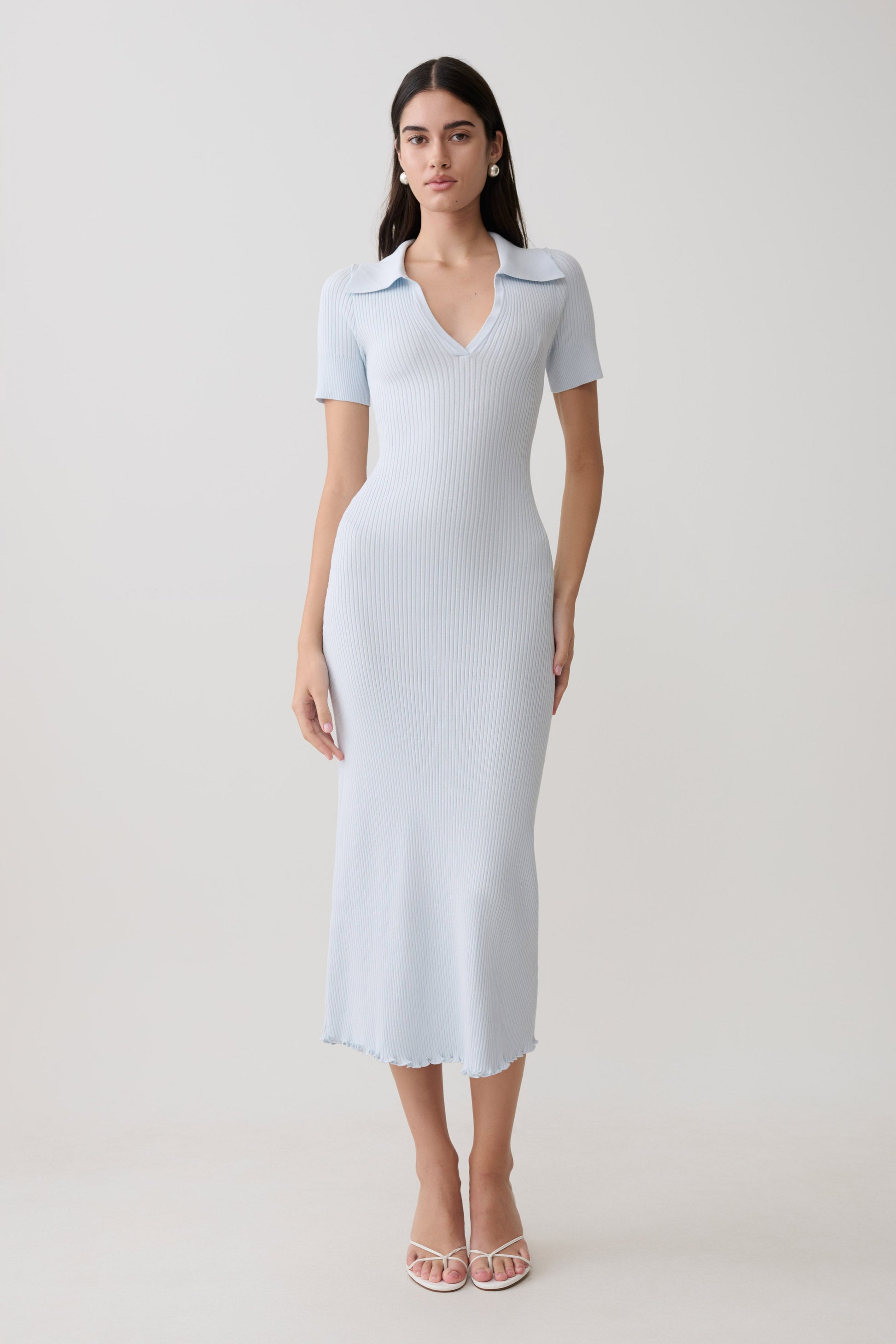 Nichelle Short Sleeve Collared Knit Midi Dress - Light Blue