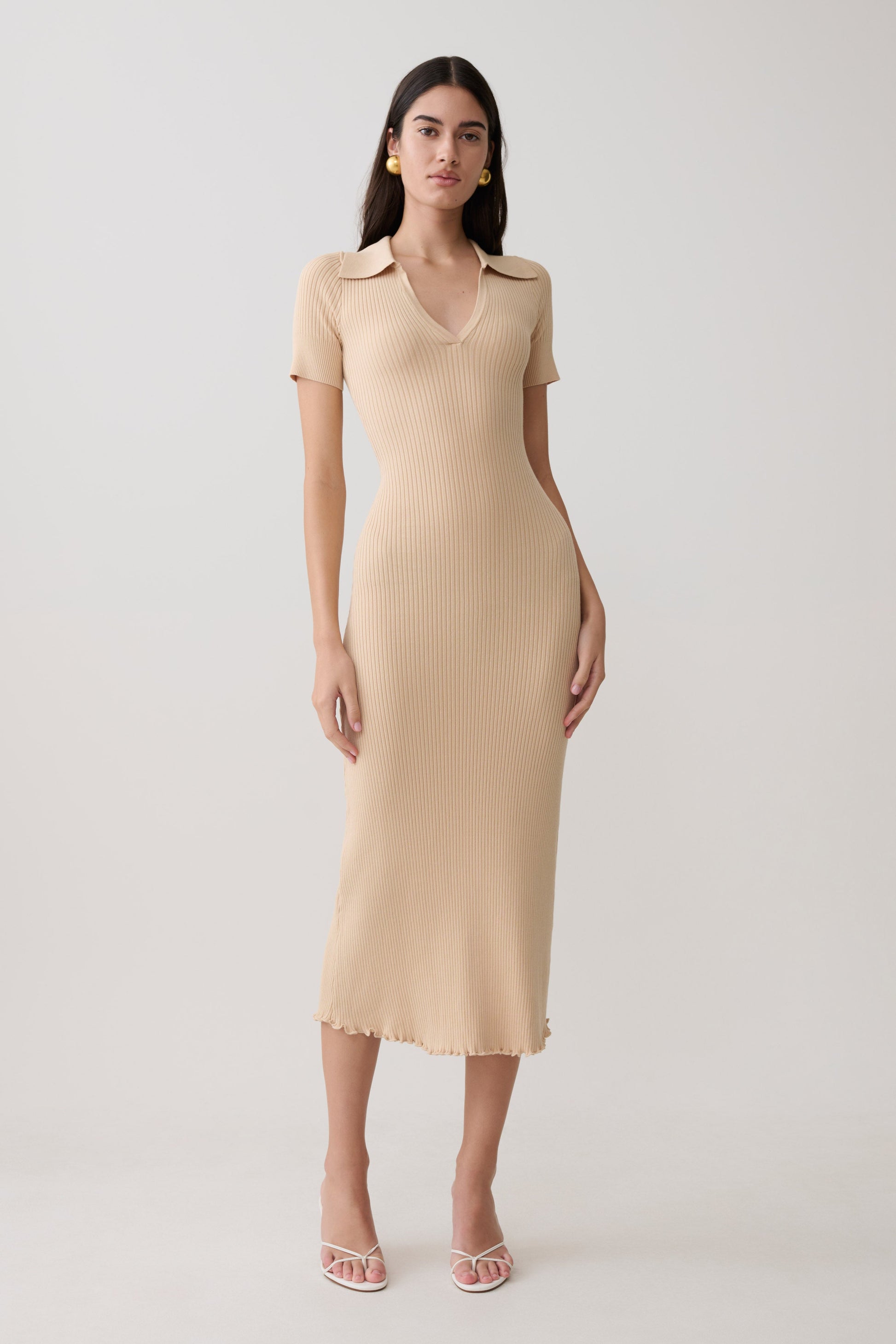 Nichelle Short Sleeve Collared Knit Midi Dress - Natural #5