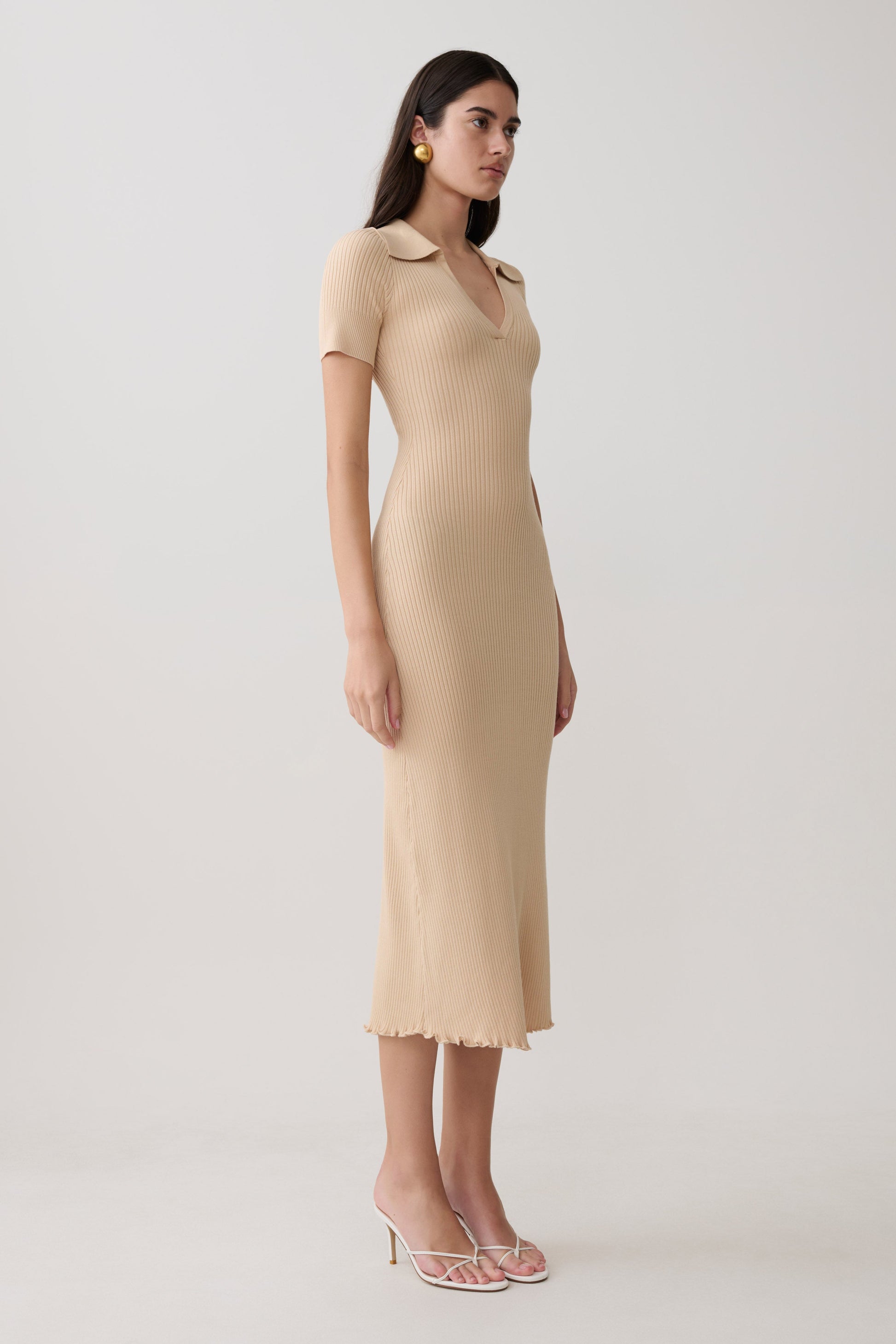 Nichelle Short Sleeve Collared Knit Midi Dress - Natural #4