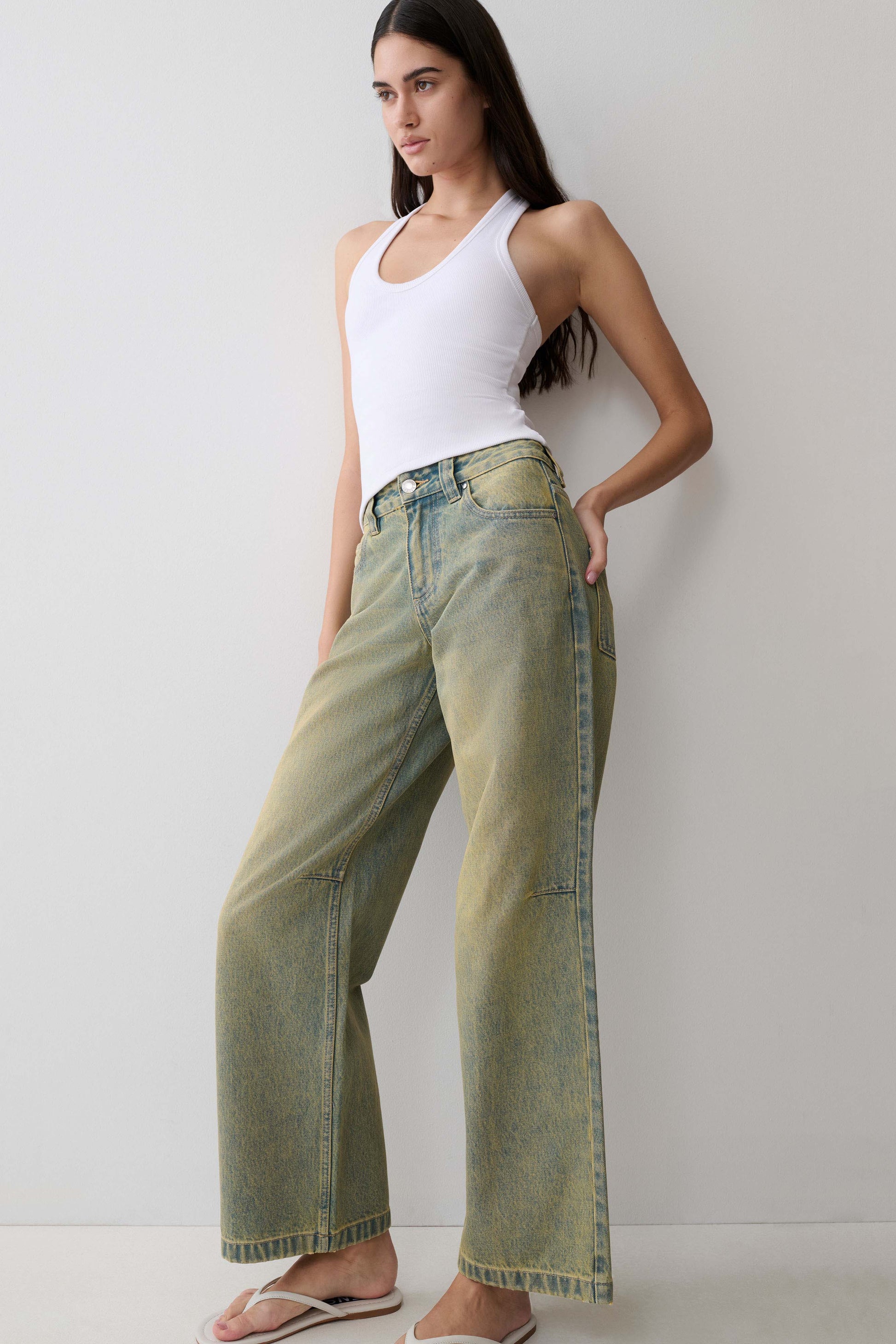 Joey Mid Rise Wide Leg Jeans - Green Wash #15